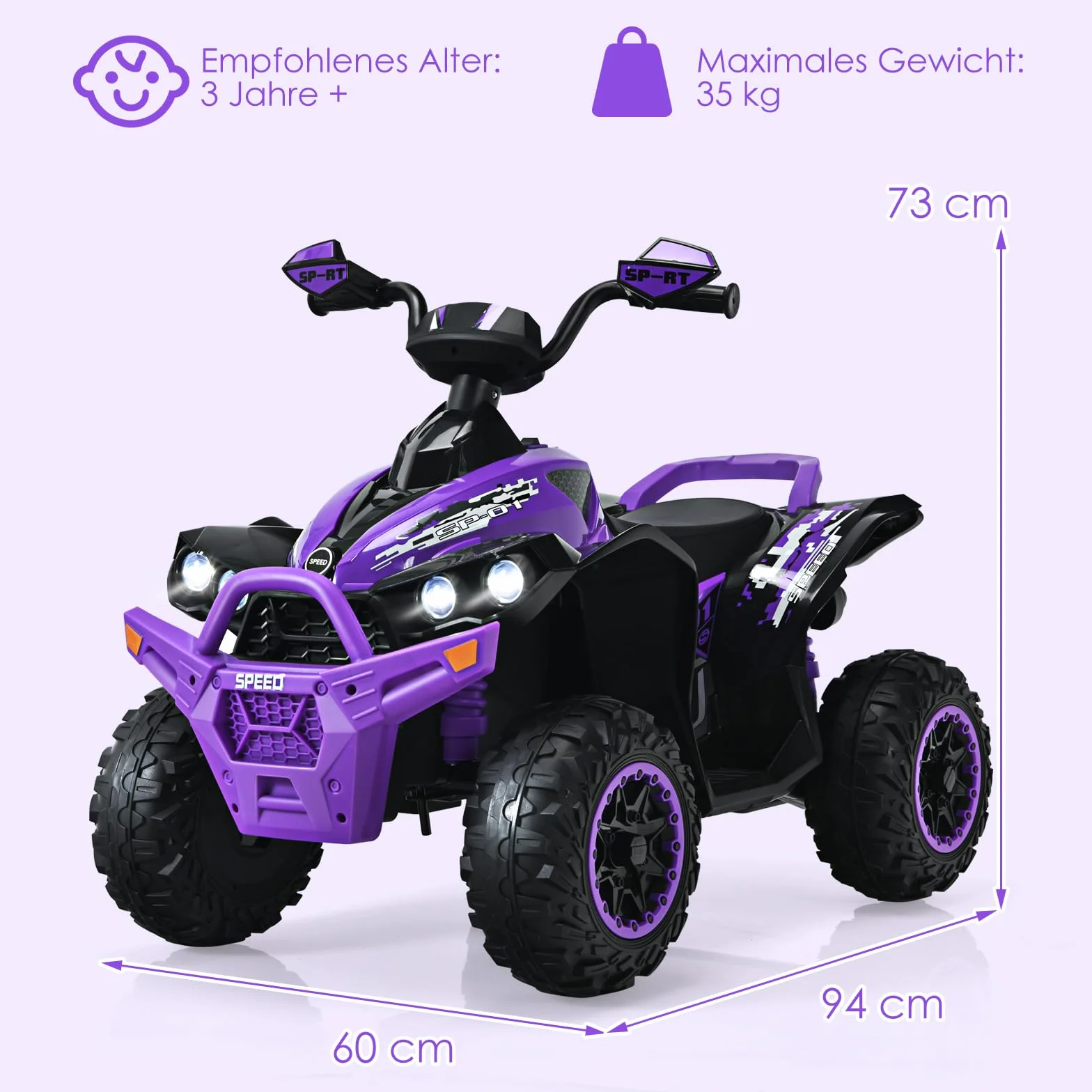 COSTWAY Elektryczny quad dziecięcy 12V z muzyką, klaksonem i LED, 2,2-4,3 km/h, dla dzieci od 3 lat fioletowy