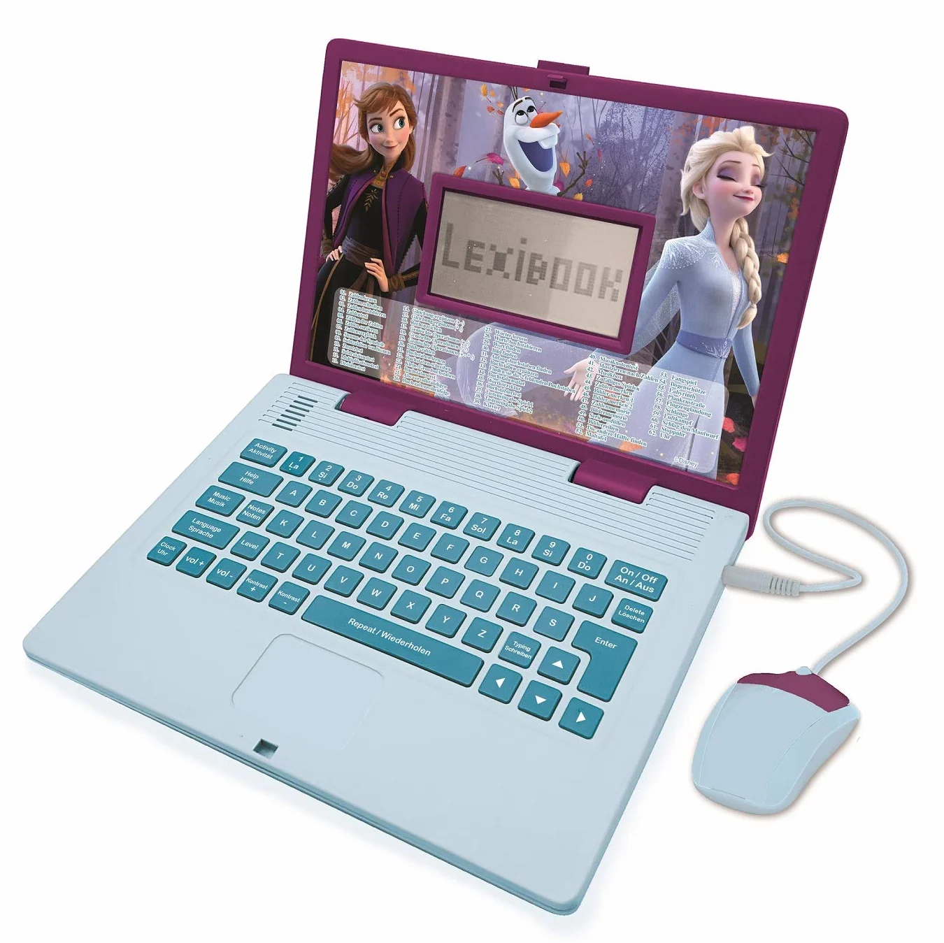 Lexibook - Disney Frozen 2 Edukacyjny i Dwujęzyczny Laptop Niemiecki/Angielski Zabawka z 124 Aktywnościami do Nauki Grania w Gry i Muzyki, Niebieski/Fioletowy, JC598FZi3