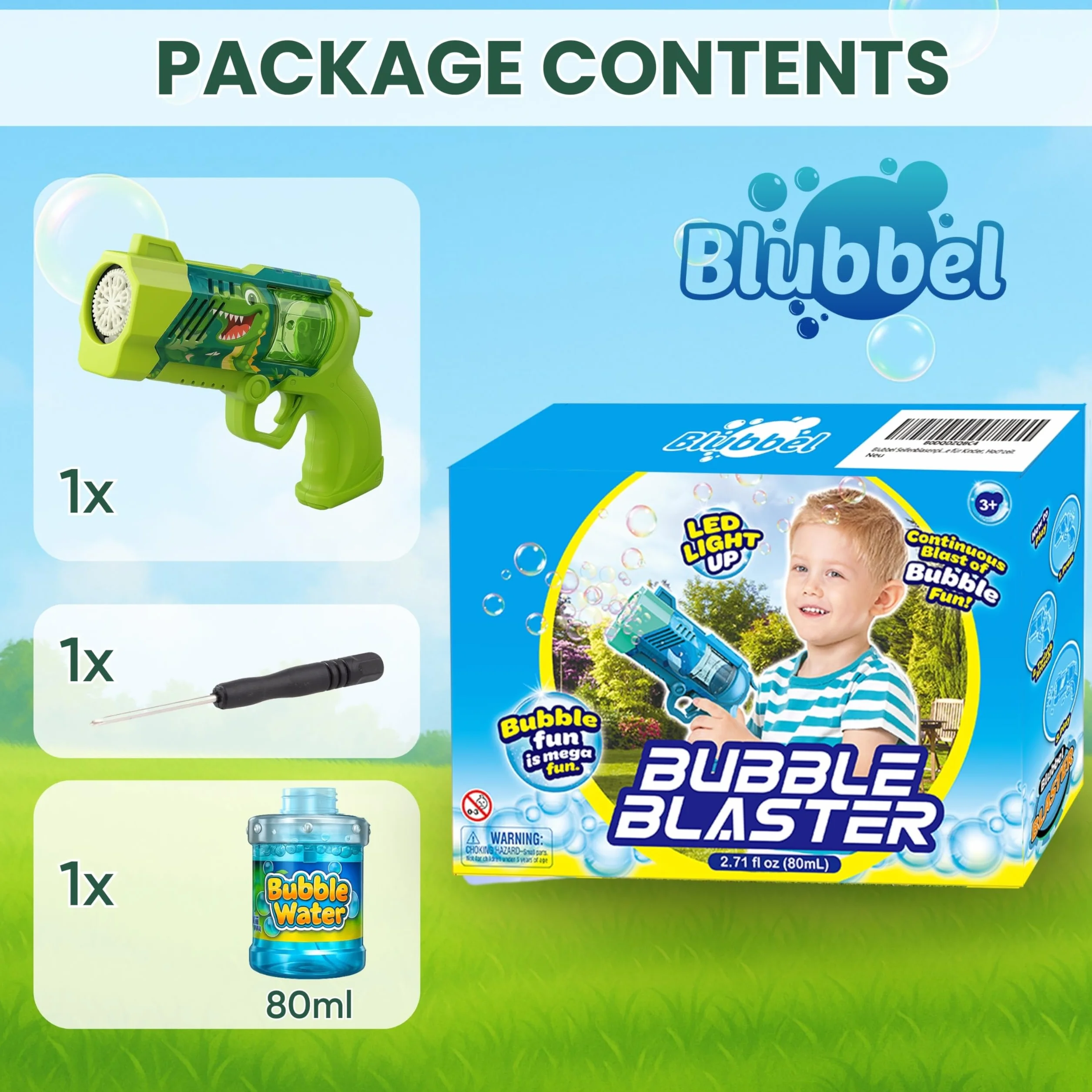 Blubbel Pistolet do Baniek, Maszyna z LED, Zbiornik 80ml, Armata Bańkowa, Powietrzna Bazooka, Prezent dla Dzieci, Na Wesele