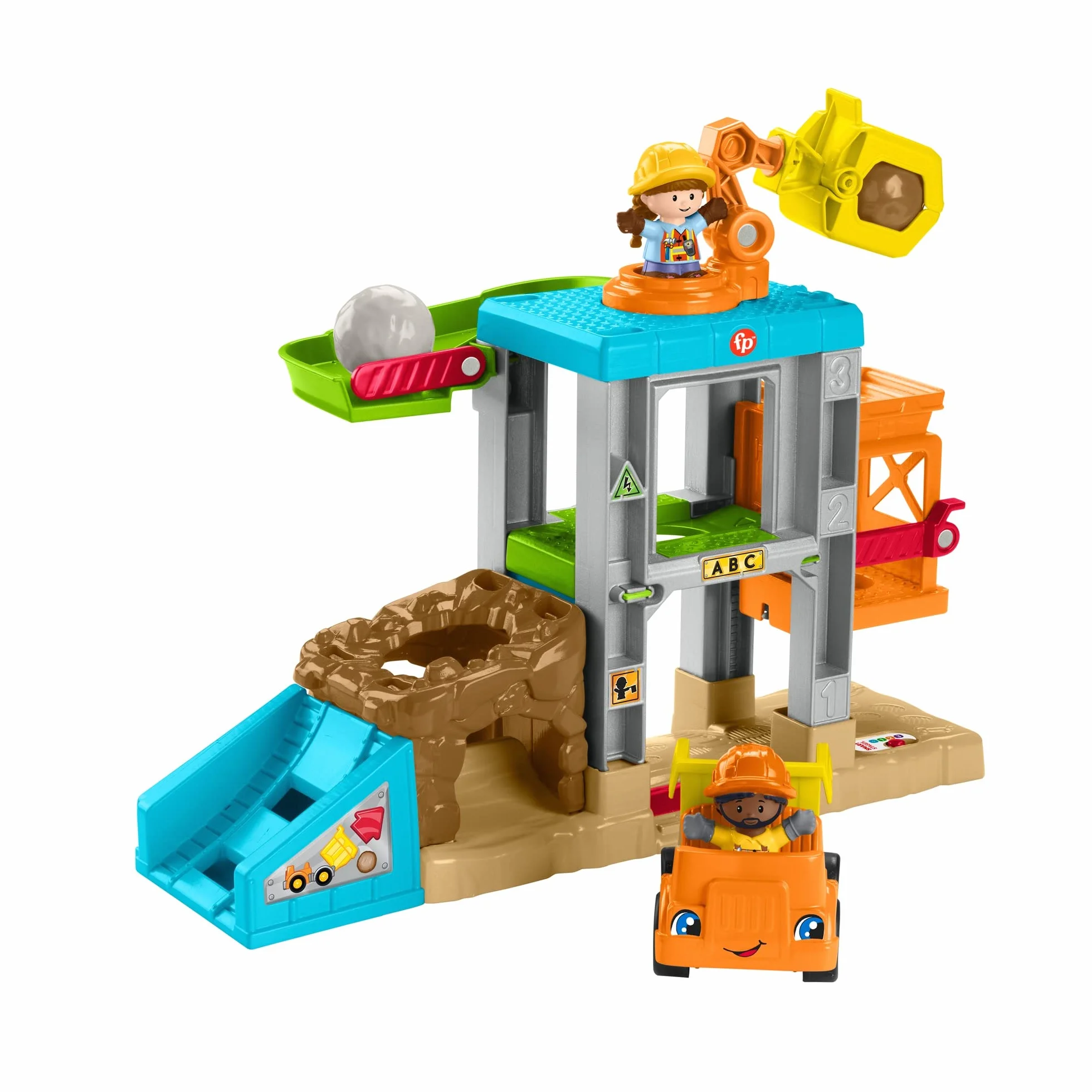 Fisher-Price Little People Plac budowy Zestaw z dźwiękiem, muzyczny zestaw do zabawy z wywrotką i 2 figurkami, dla przedszkolaków i młodszych dzieci, HCJ64