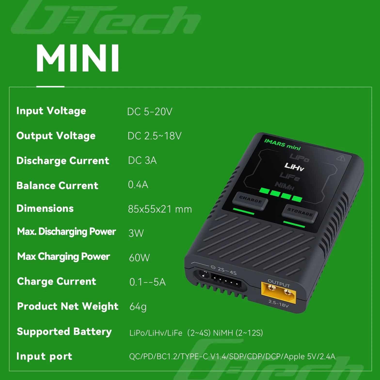Gens Ace 60W Ładowarka LiPo Imars Mini do akumulatorów RC 2S, 3S, 4S 7,4 V, 11,1 V, 14,8 V z adapterem XT60/Deans/XT30/JST