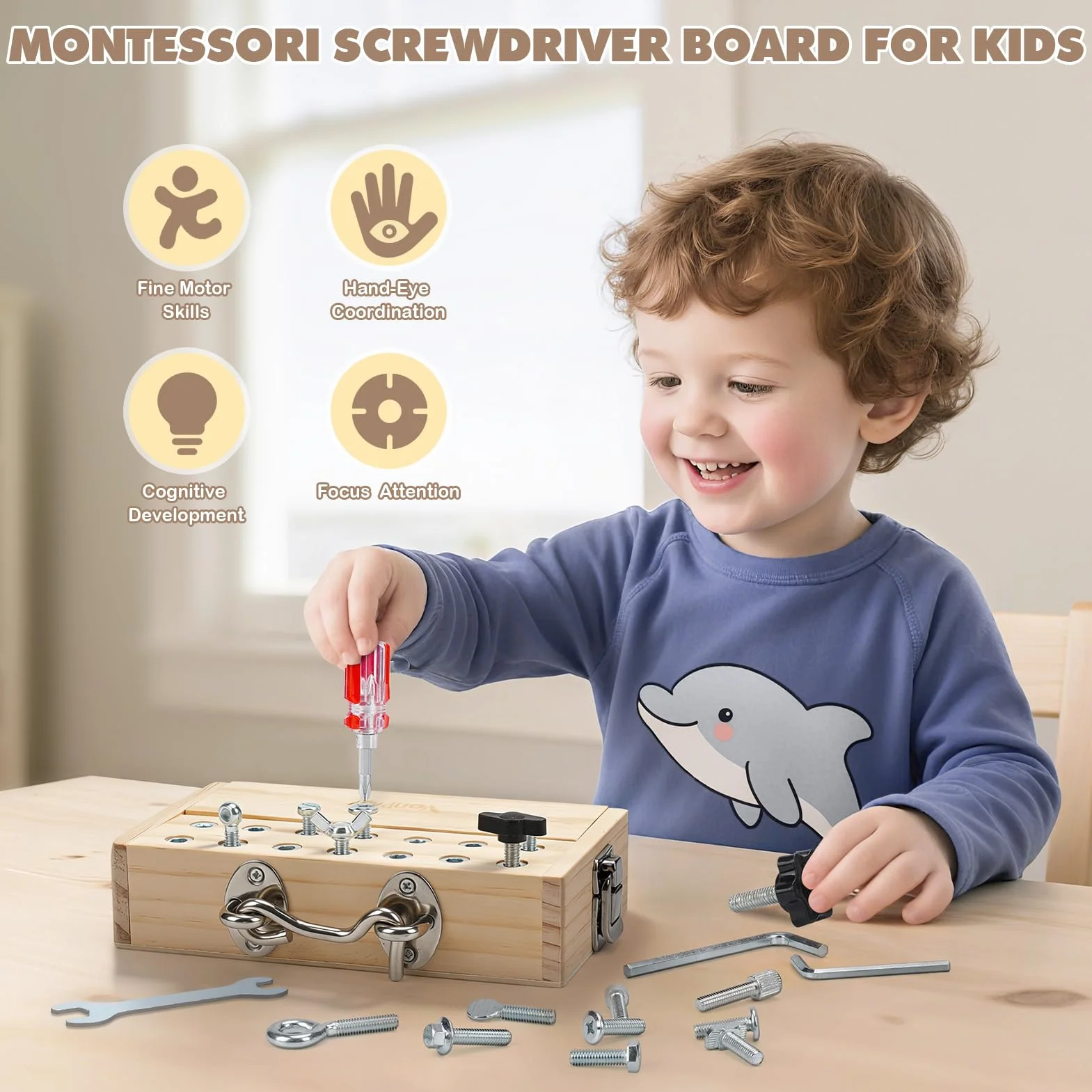 Vanplay Zabawki Montessori dla dzieci w wieku 3, 4, 5 lat, zestaw z śrubokrętem Montessori z zamkiem i kluczem - zestaw narzędzi dla małych dzieci do podróży, drewniane zabawki na drobne umiejętności