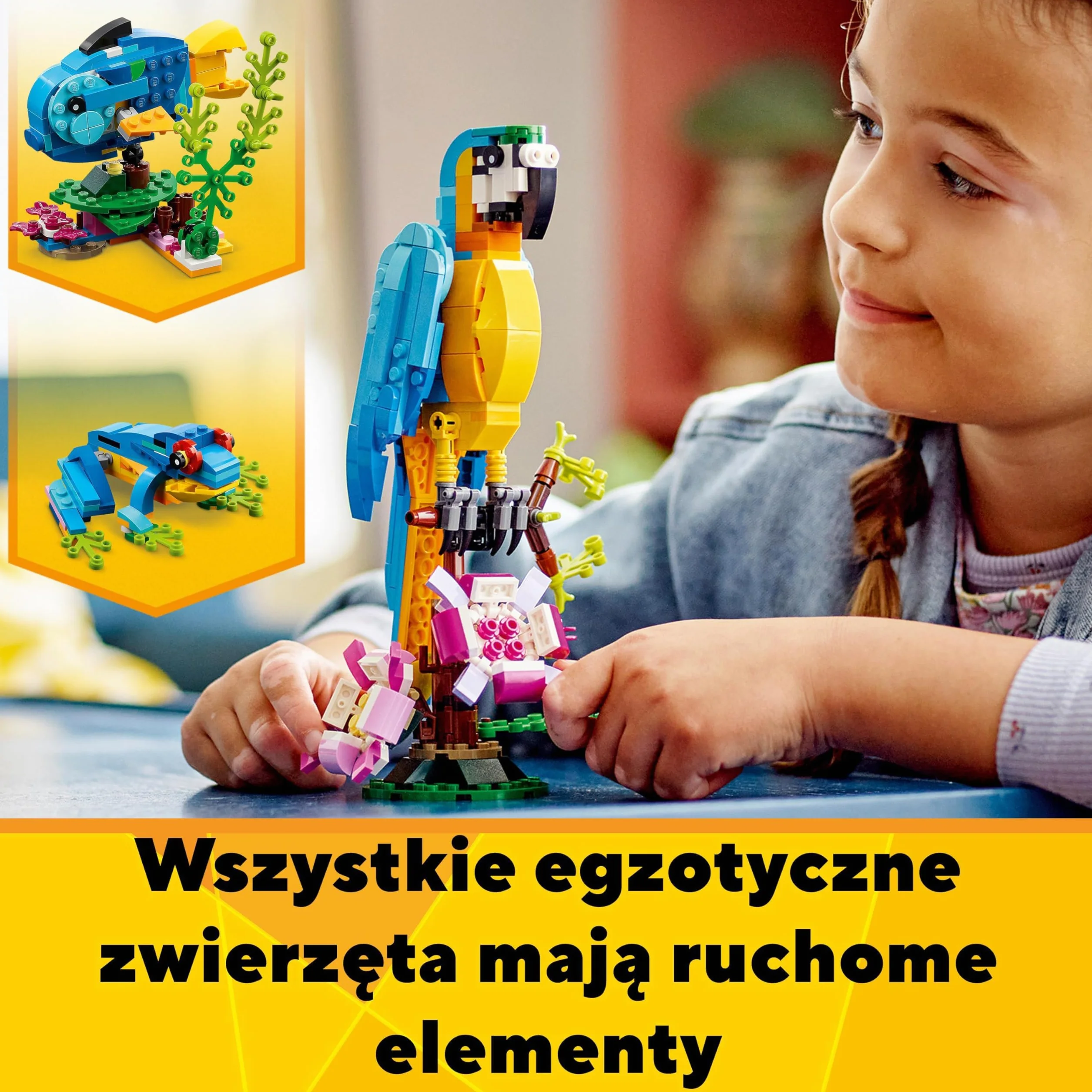 LEGO Creator 3 w 1 Egzotyczna papuga, Figurki Zwierząt z Klocków, Żaba i Ryba, Kreatywna Zabawka dla Dziecka do Budowania, Zestaw Edukacyjny, Prezent dla 7-latka, 31136