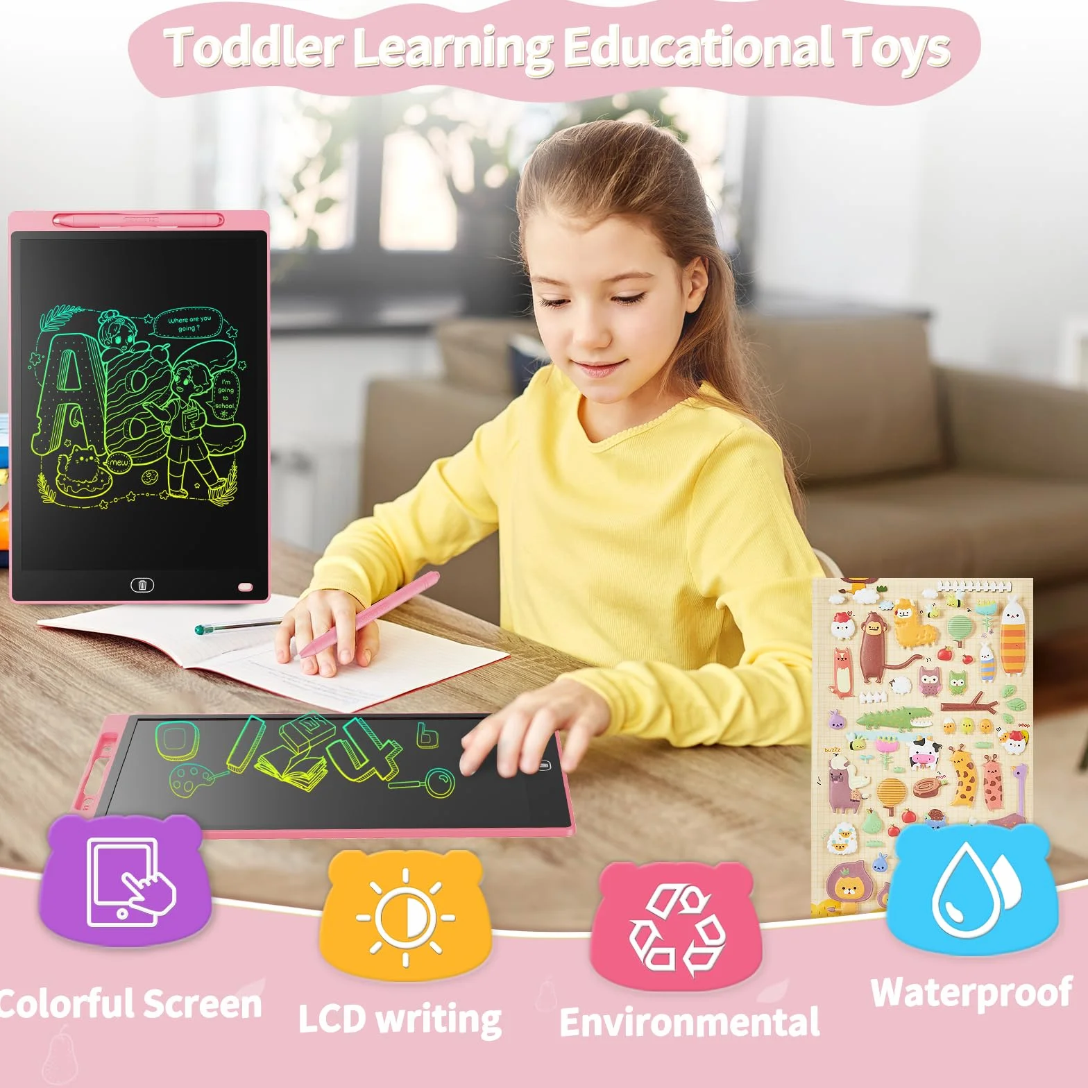 [2 Sztuki]Genialba 12 Calowy Tablet LCD do Pisania Kolorowy Ekran Tablica do Rysowania Zabawki dla Edukacyjne Prezenty Boże Narodzenie, dla Chłopców i Dziewcząt w wieku 2 3 4 5 lat (Różowy&Niebieski)