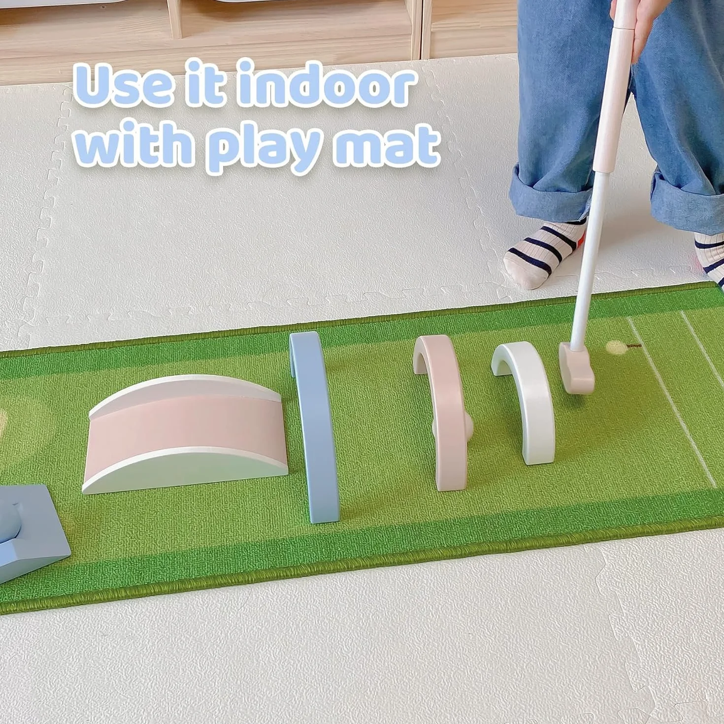 Asweets Mini zestaw golfowy z drewna dla dzieci w wieku 3-12 lat, makaronik do minigolfa, putter dla dzieci do gry w golfa, dla chłopców i dziewczynek na Boże Narodzenie, dożynki (z matą)