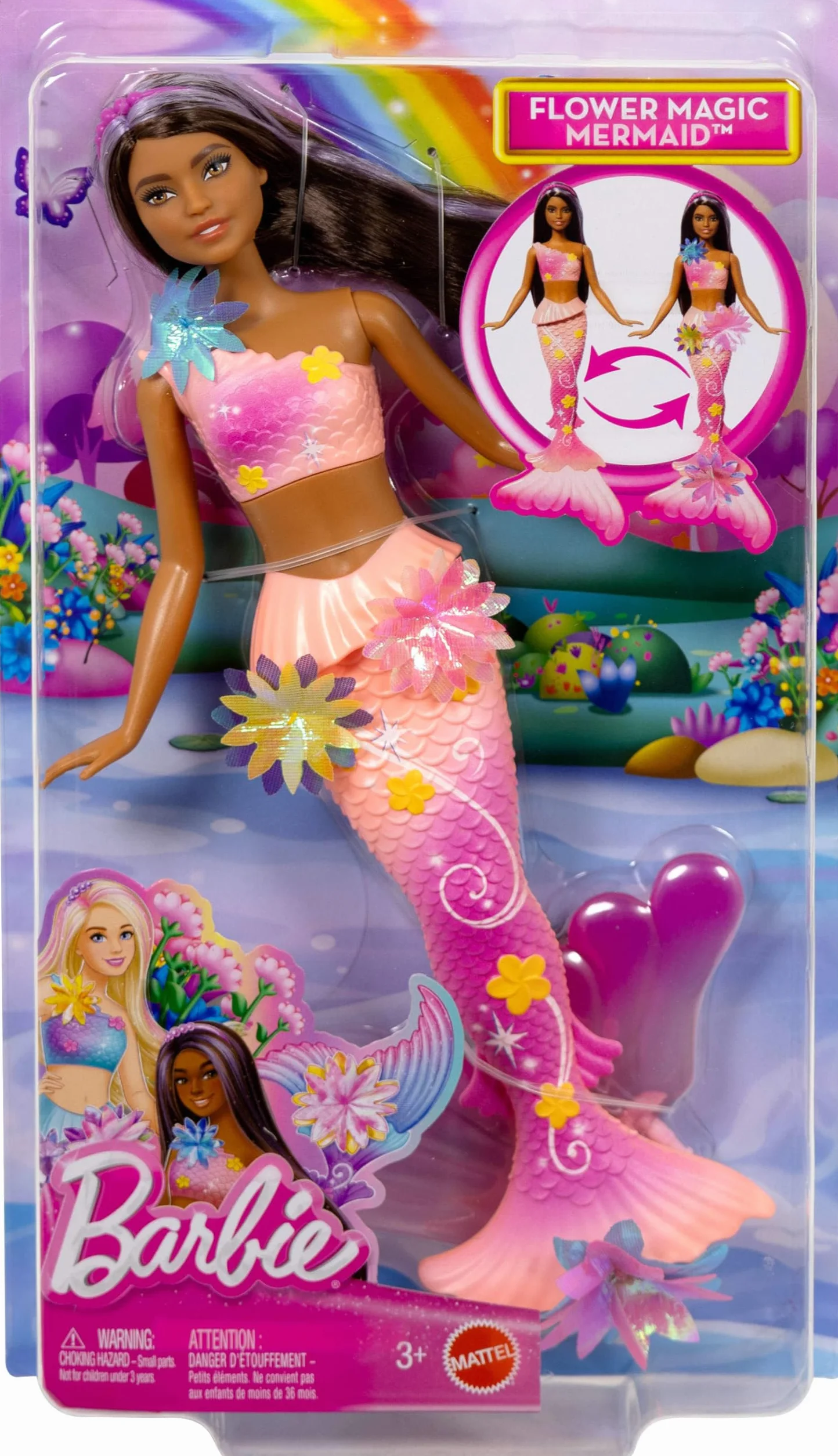 Barbie Syrenka Rozkwitające kwiaty Lalka JDM73 z długimi brązowymi włosami, fioletowymi pasemkami, ogonem ombre i perłową opaską