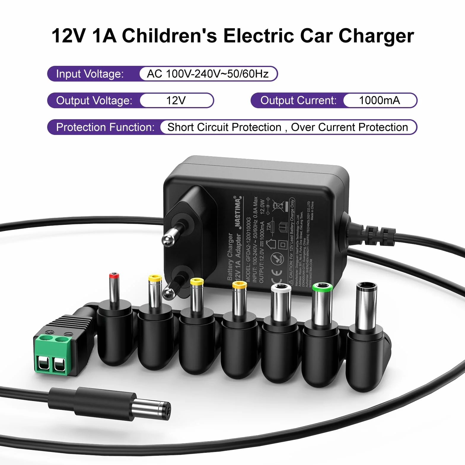 NASTIMA Elektryczna ładowarka samochodowa 12 V 1A dla dzieci, samochód elektryczny dla dzieci, SUV ATV, motocykl itp., uniwersalna ładowarka 12 V ze wskaźnikiem świetlnym, wyposażona w 8 rodzajów