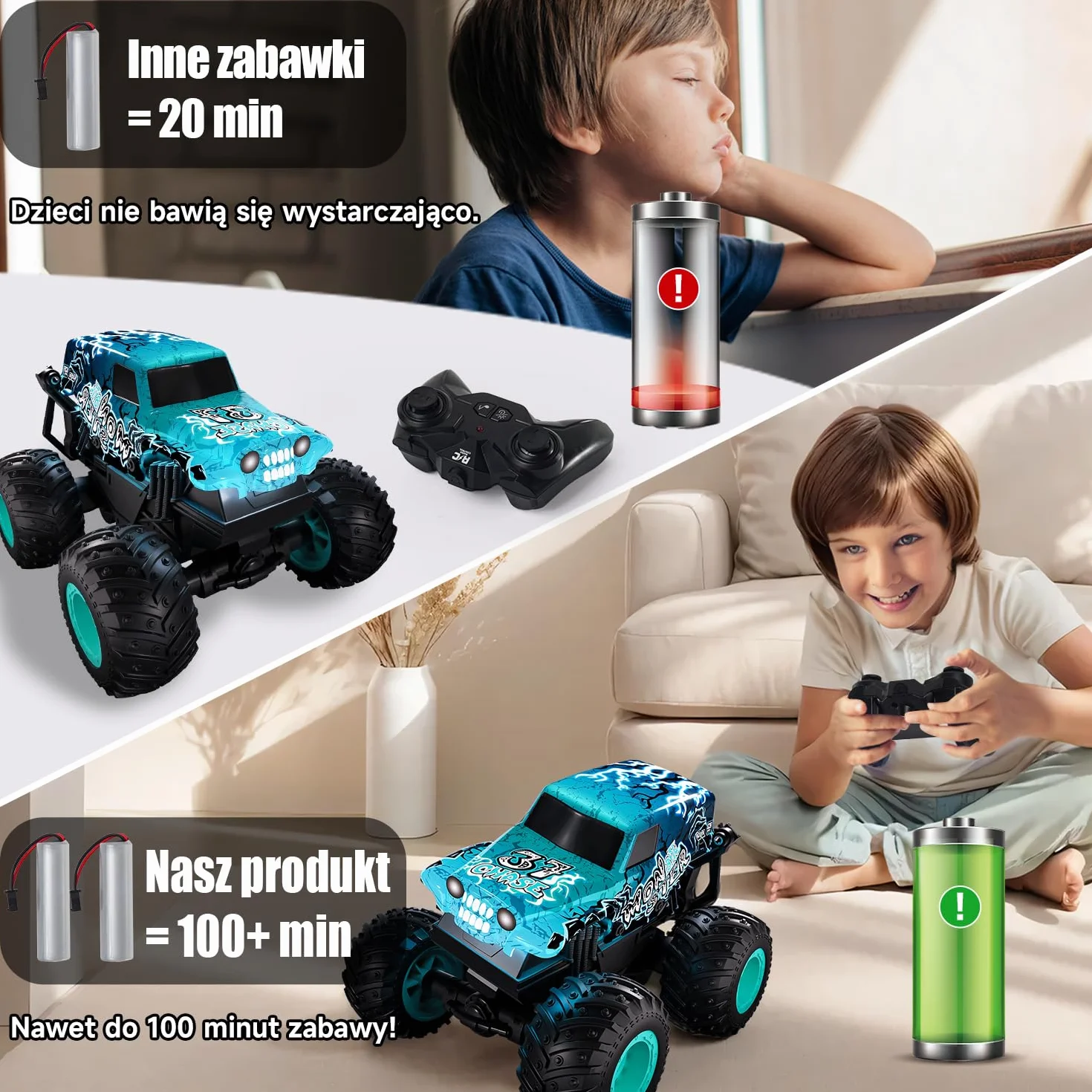 Halloween Monster Truck zdalnie sterowany, 1/20 Monster Truck z chodzeniem w pozycji pionowej i obrotem o 360°, 20 km/h, zdalnie sterowany samochód z oświetleniem LED i muzyką, zabawka na Halloween i