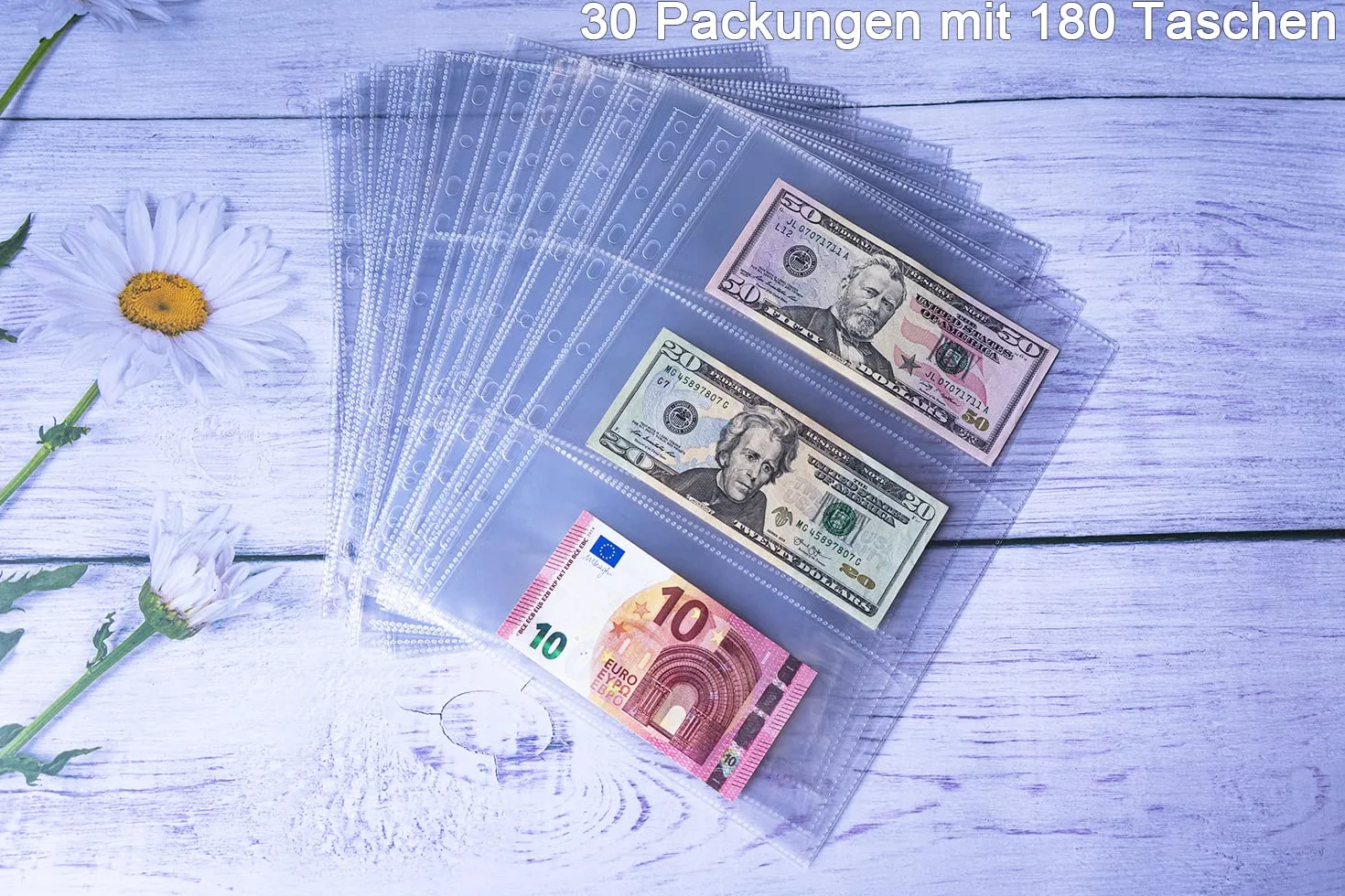 Opakowanie 30 etui na banknoty z 180 kieszeniami z 11 otworami, strona uzupełniająca do albumu do odbioru gotówki, dwustronne arkusze walut z 3 kieszeniami do odbioru euro, papierowe pieniądze