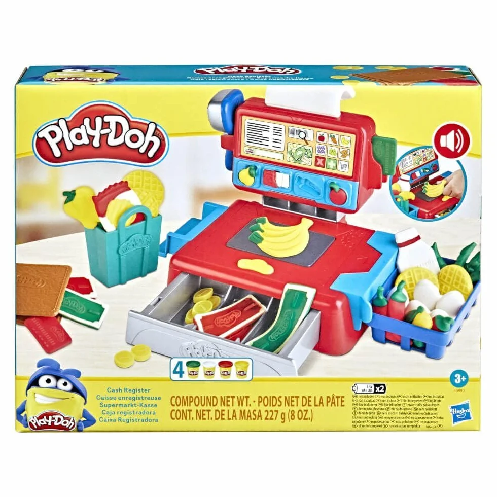 Kasa sklepowa Play-Doh, zabawka dla dzieci w wieku od 3 lat z wesołymi dźwiękami, akcesoriami do sztucznego jedzenia i nietoksyczną ciastoliną Play-Doh w 4 kolorach