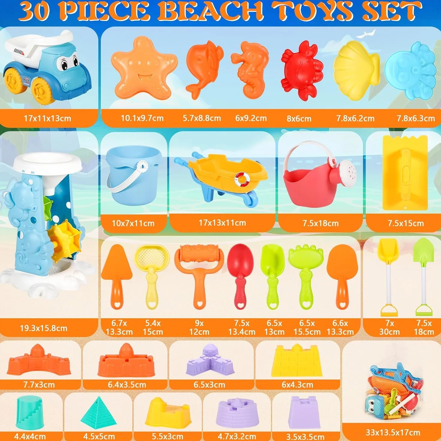 Zabawki do piasku, 30 sztuk zestaw zabawek do piasku plażowego z kołem wodnym, wiadrem, foremkami do piasku, torbą siatkową, dla dzieci 1 2 3 lata (losowy kolor)