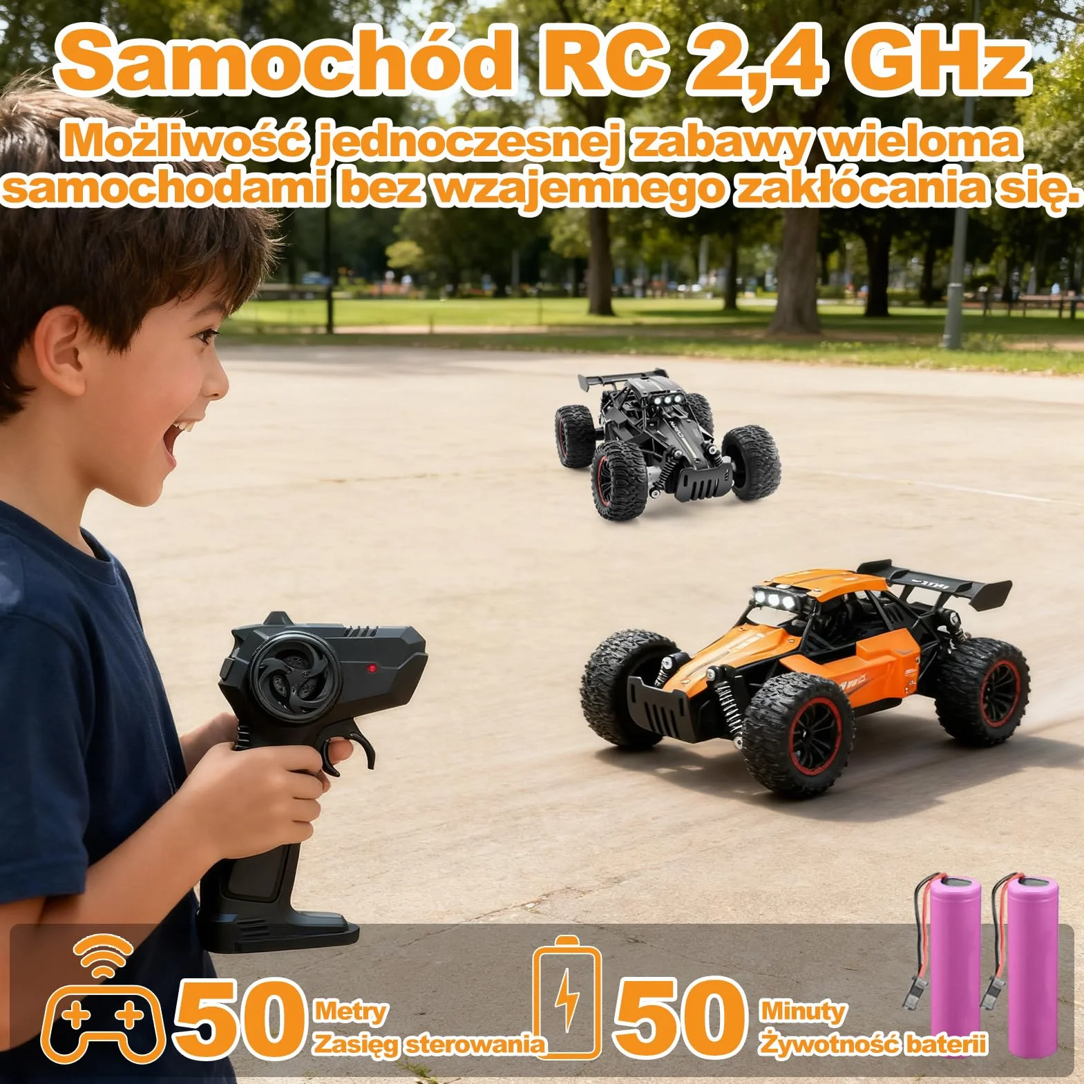 Jiakora Zdalnie sterowany samochód dla dzieci, 2,4 GHz Off-Road, samochód RC ze światłem LED, zdalnie sterowany monstertruck, samochód terenowy z 2 bateriami, samochód zabawkowy, prezent dla chłopców