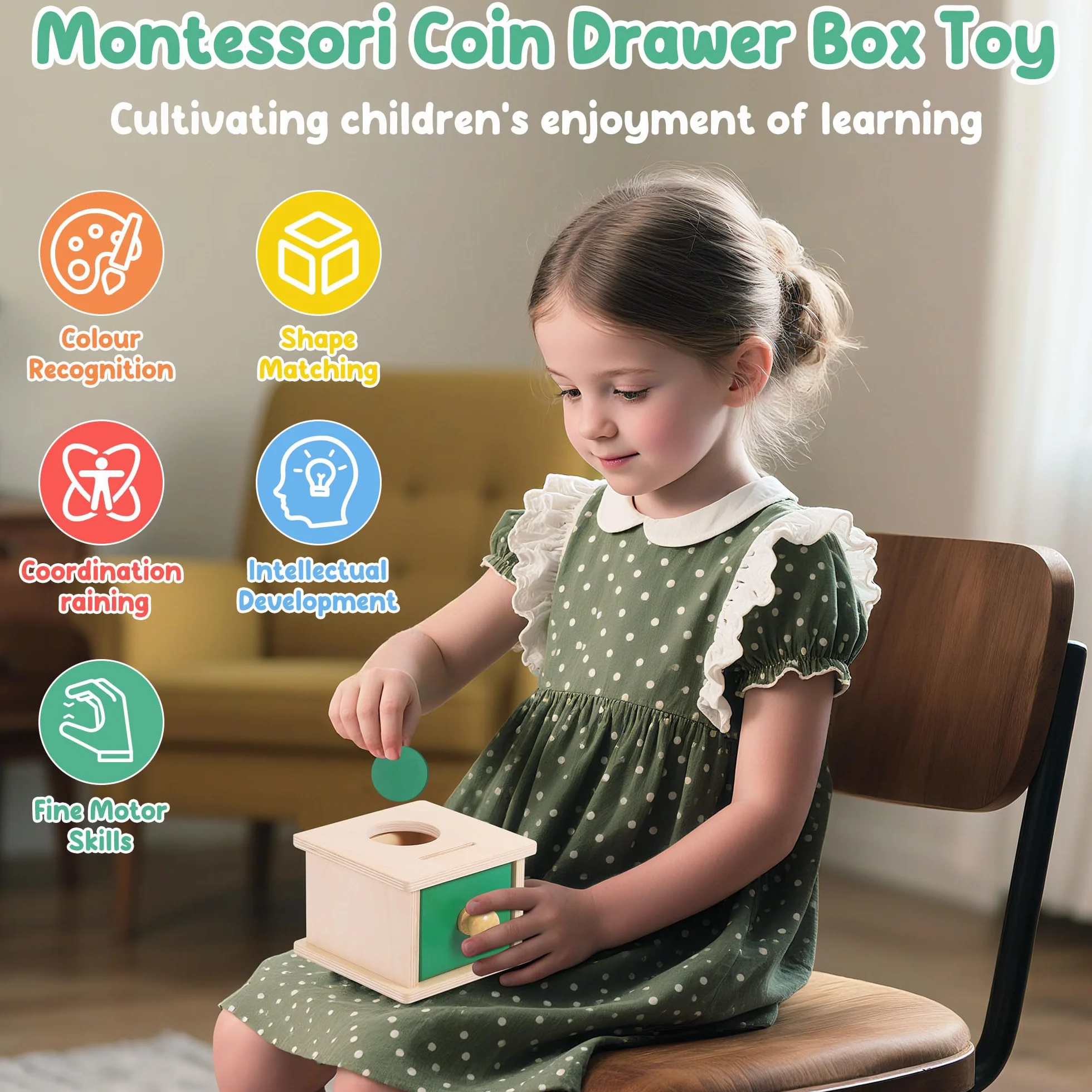Starvortex Montessori zabawka od 6 miesięcy, drewniane pudełko na monety 2 w 1, dla dzieci od 1, 2, 3 lat, pudełko z możliwościami sortowania obiektów, dla chłopców i dziewczynek