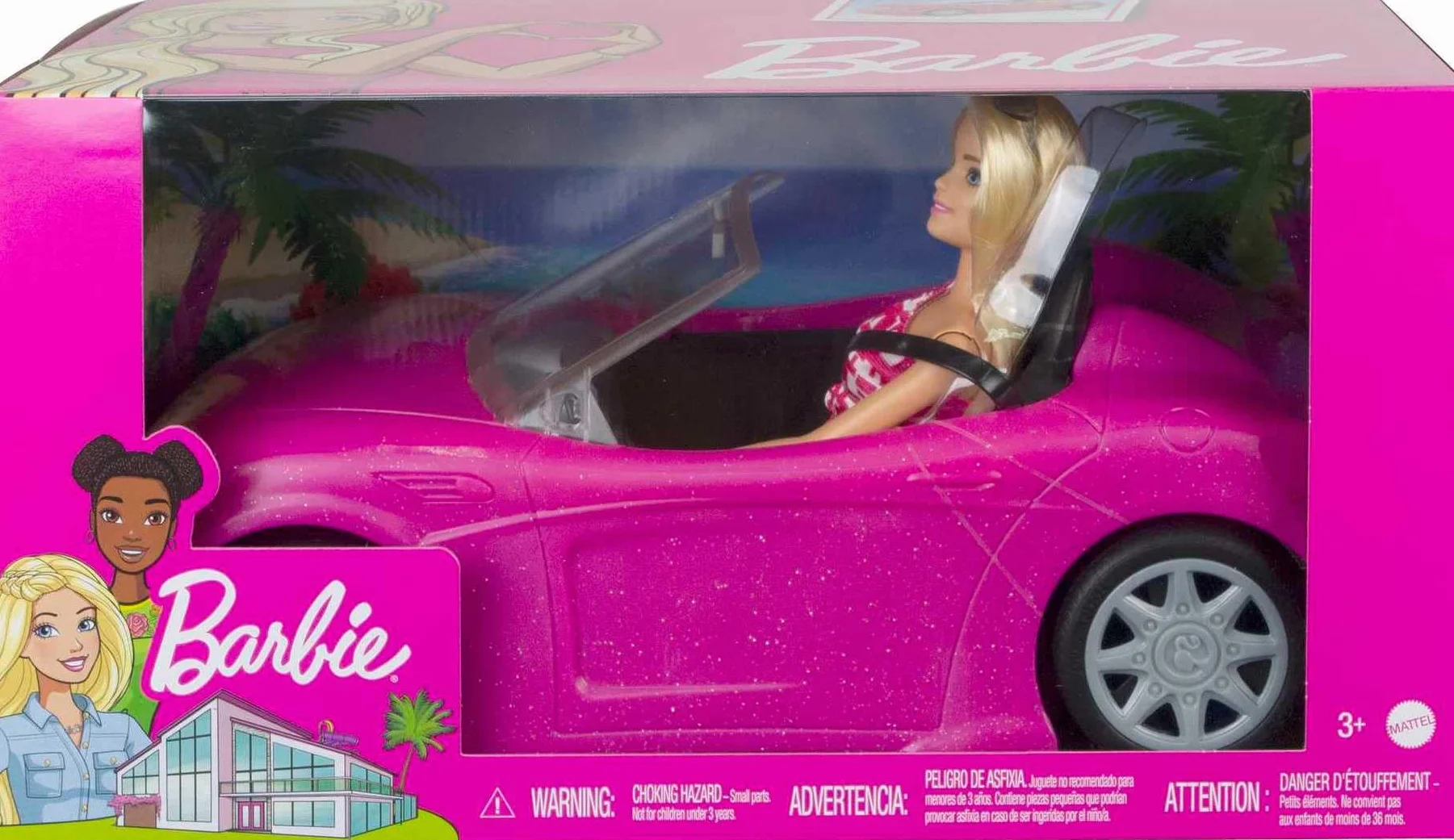 Barbie Playset with Sparkly Pink 2-Seater Toy Convertible Car Featuring Glam Details & Fashion Doll in Sundress & Sunglasses (Amazon Exclusive), DJR55