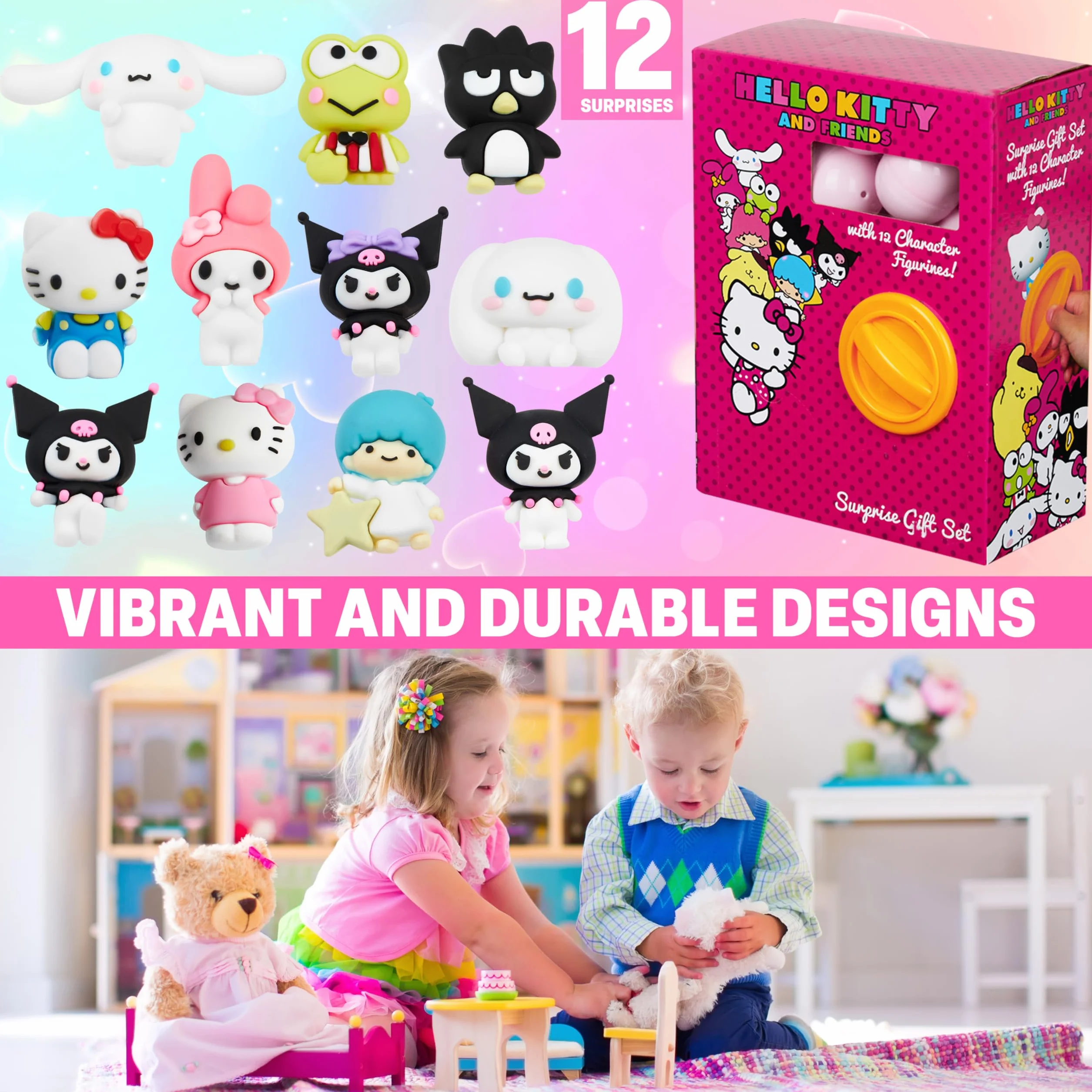 Hello Kitty Sanrio Zestaw figurek 3D, 12 szt., Kuromi Cinnamoroll, kolekcjonerska miniaturowa figurka w kapsułkach, dekoracje biurka i stołu, prezenty dla niej (losowe 12 szt.)