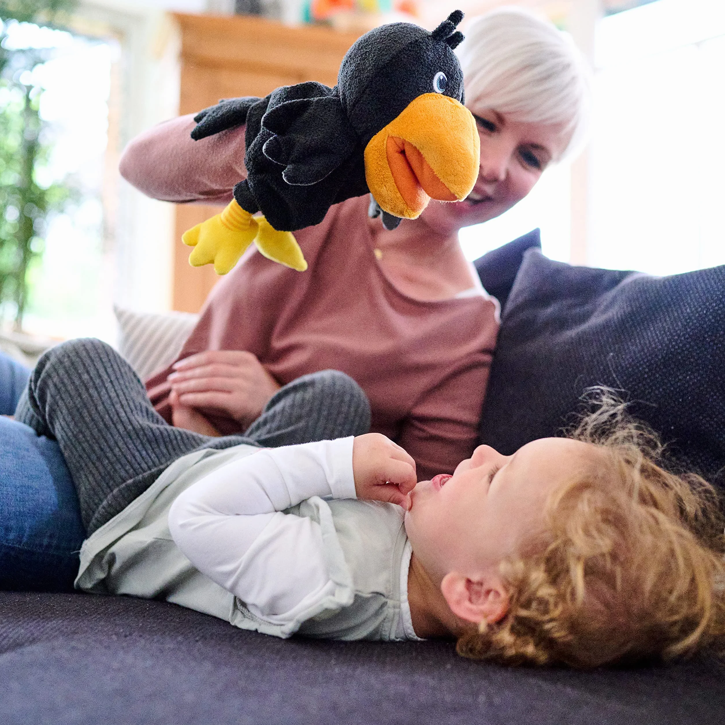 HABA 304203 Hand Puppet Raven Theo, the Cheeky Raven from the Haba Classic Fruit Garden as Cuddly Hand Puppet, Toy from 18 Months