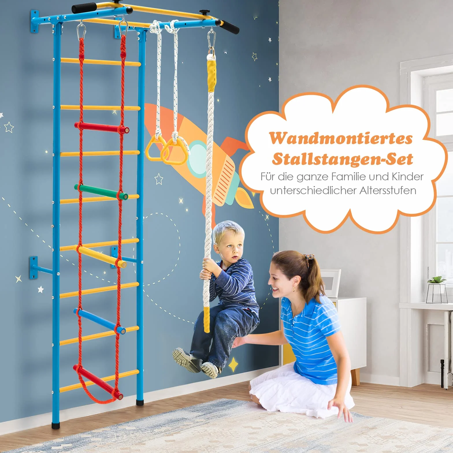 COSTWAY Ścianka wspinaczkowa dla dzieci, metalowa ścianka gimnastyczna, sprzęt gimnastyczny, rusztowanie wspinaczkowe, 107 x 83 x 223 cm, sprzęt sportowy dla dzieci i dorosłych do 100 kg (żółty i