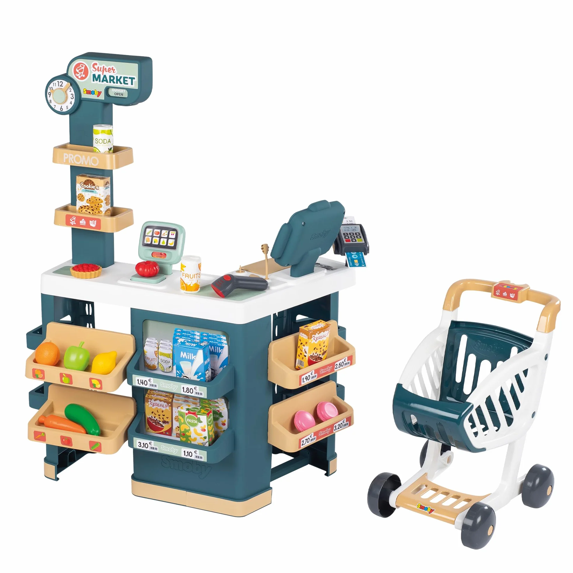 Smoby - Supermarket - Wózek sklepowy dla dzieci - W zestawie wózek na zakupy - Waga mechaniczna - Funkcje elektroniczne - 42 akcesoria - Od 3 lat - Wyprodukowano we Francji