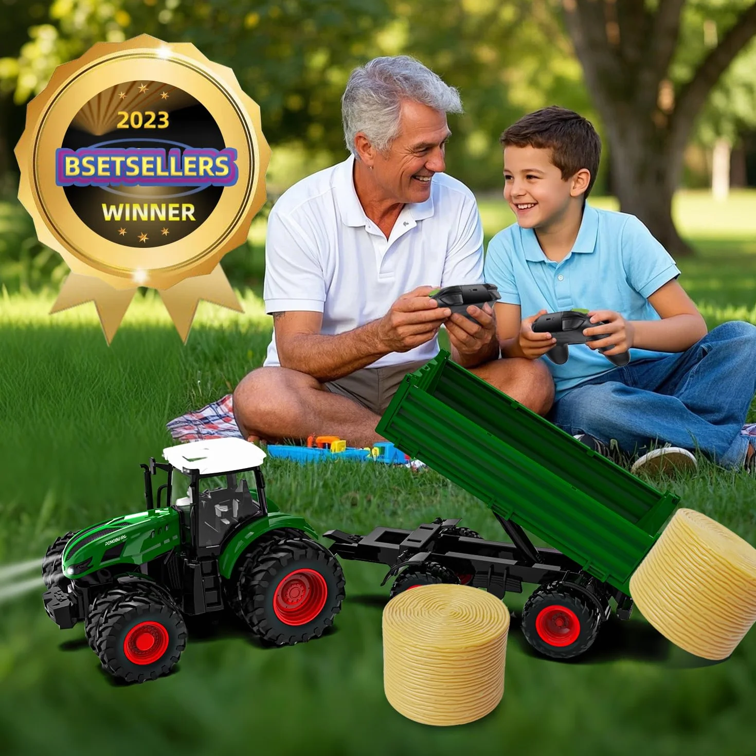 Zdalnie sterowany traktor, zabawka dla dzieci od 2 do 6 lat, traktor RC z przyczepą, ciągnik rolny ze światłami, prezent na Boże Narodzenie dla dzieci