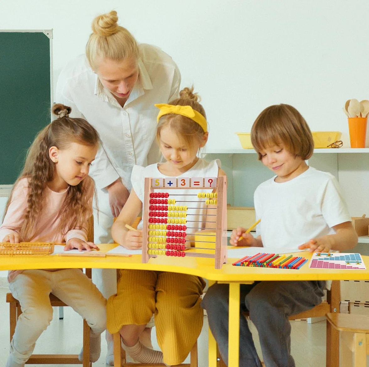 Rama do liczenia czerwono-żółta liczydło drewniane z 100 prętami liczącymi i kartami liczb od 1 do 100, student abakus, suwak rachunkowy, ramka do liczenia dla dzieci, do szkoły podstawowej,