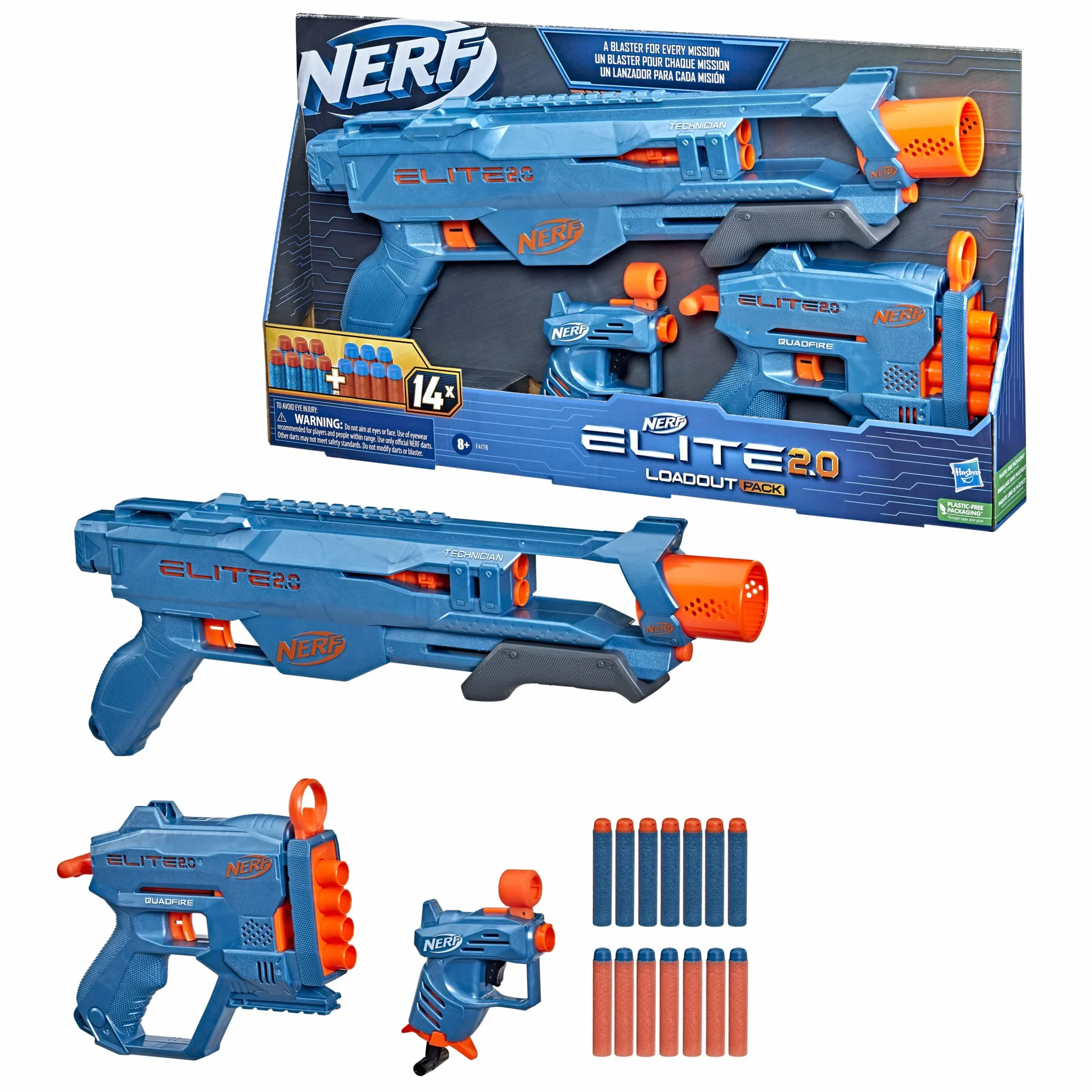 Nerf Elite 2.0 LoaoutPack 3Pack Technician DS-2, QuadFire QS-4 i Ace SD-1 + 14 Strzałek F4178