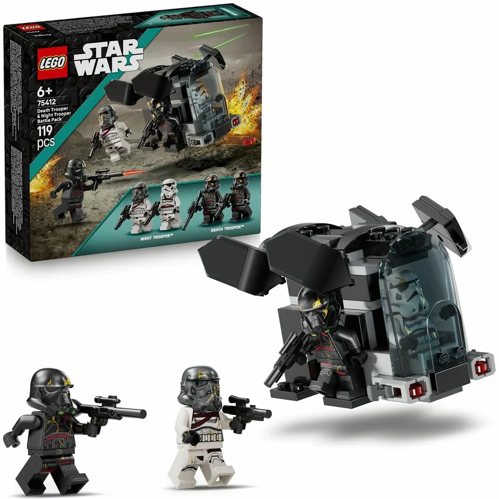 LEGO Star Wars Szturmowiec Śmierci i nocny szturmowiec — zestaw bitewny, zabawka konstrukcyjna dla dziecka do kolekcji, transportowiec i 4 postacie, prezent dla 6-latka, chłopca i dziewczynki 75412