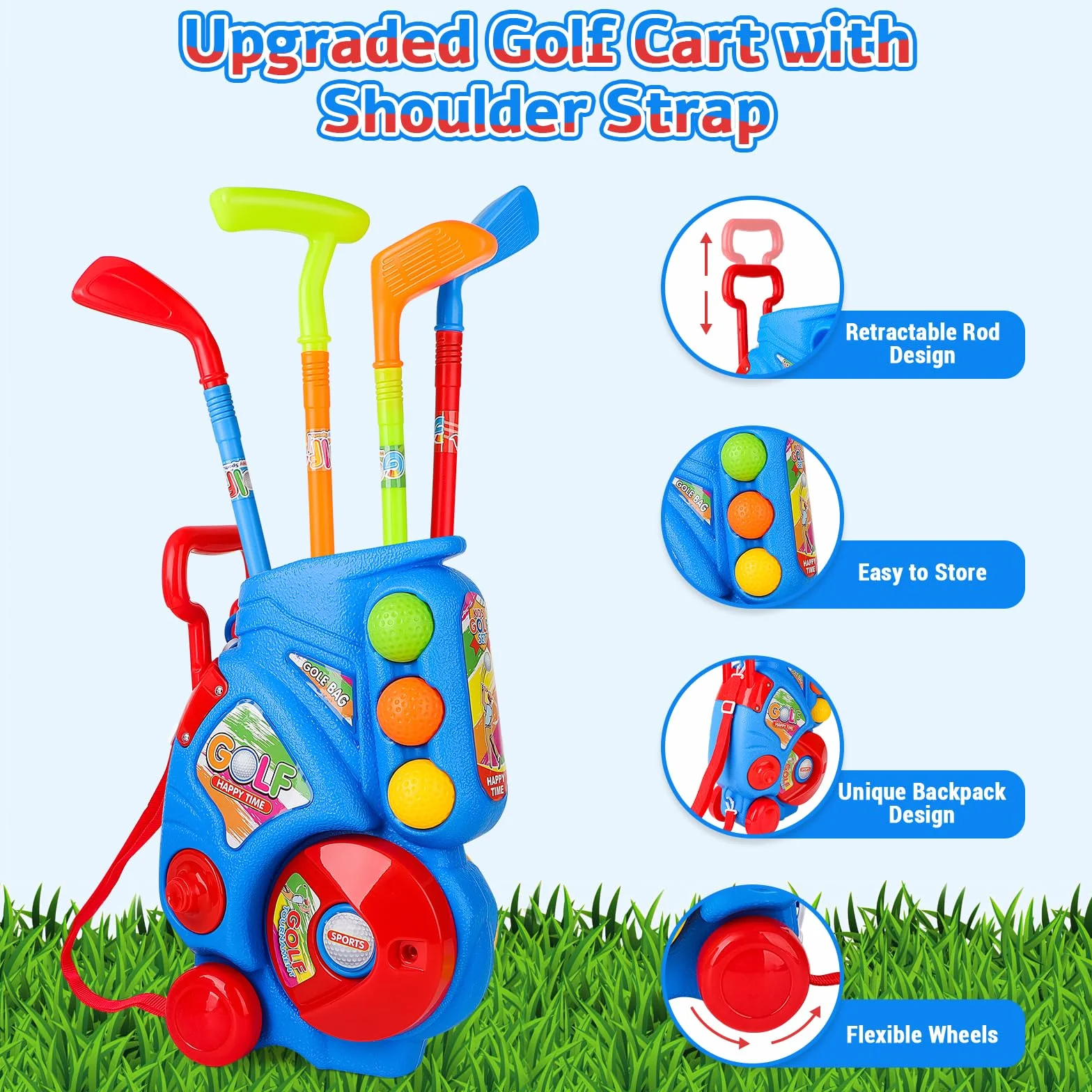 deAO Zestaw golfowy dla dzieci, w zestawie mata do golfa, 4 putter golfowe 60 cm, 6 piłek golfowych, zabawka dla malucha, zabawka do użytku wewnątrz i na zewnątrz, prezent urodzinowy dla chłopców i