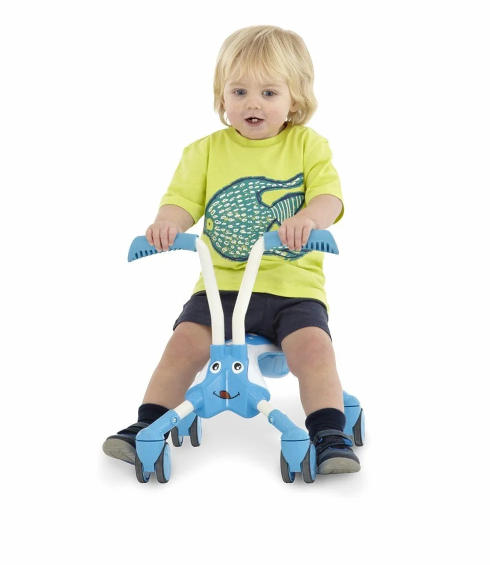 TP Toys Scramblebug Tide 4 koła - suwmiarka składana 360° - ciche kółka odporne na zarysowania - mobilność wewnątrz i na zewnątrz - od 12 miesięcy - niebiesko-biała konstrukcja owadów