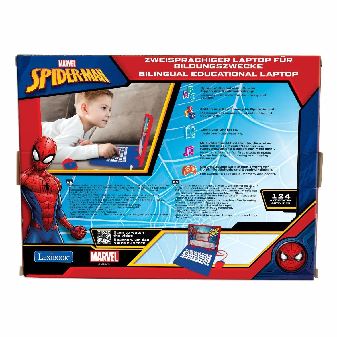 Lexibook JC598SPi3 Spider-Man Dwujęzyczny Laptop do Celów Edukacyjnych Angielski i Niemiecki, 124 Aktywności, Matematyka, Logika, Muzyka, Zegar, Gry, Zabawka dla Dzieci (Dziewczynki i Chłopcy),