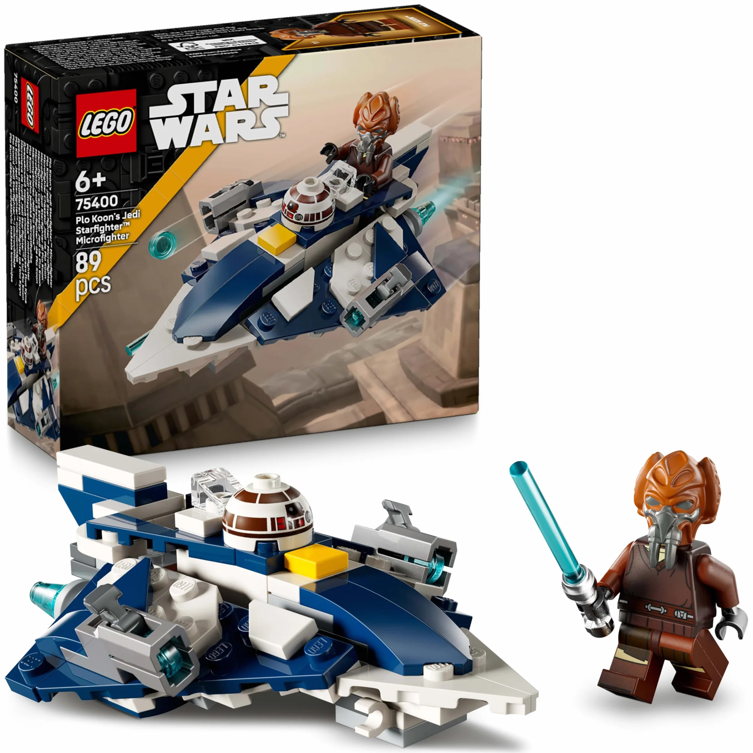 LEGO Star Wars Mikromyśliwiec Jedi Plo Koona z serialu Gwiezdne Wojny: Wojny klonów, zabawka dla dziecka do zbudowania z niebieskim mieczem świetlnym, prezent dla 6-latka, chłopca i dziewczynki 75400