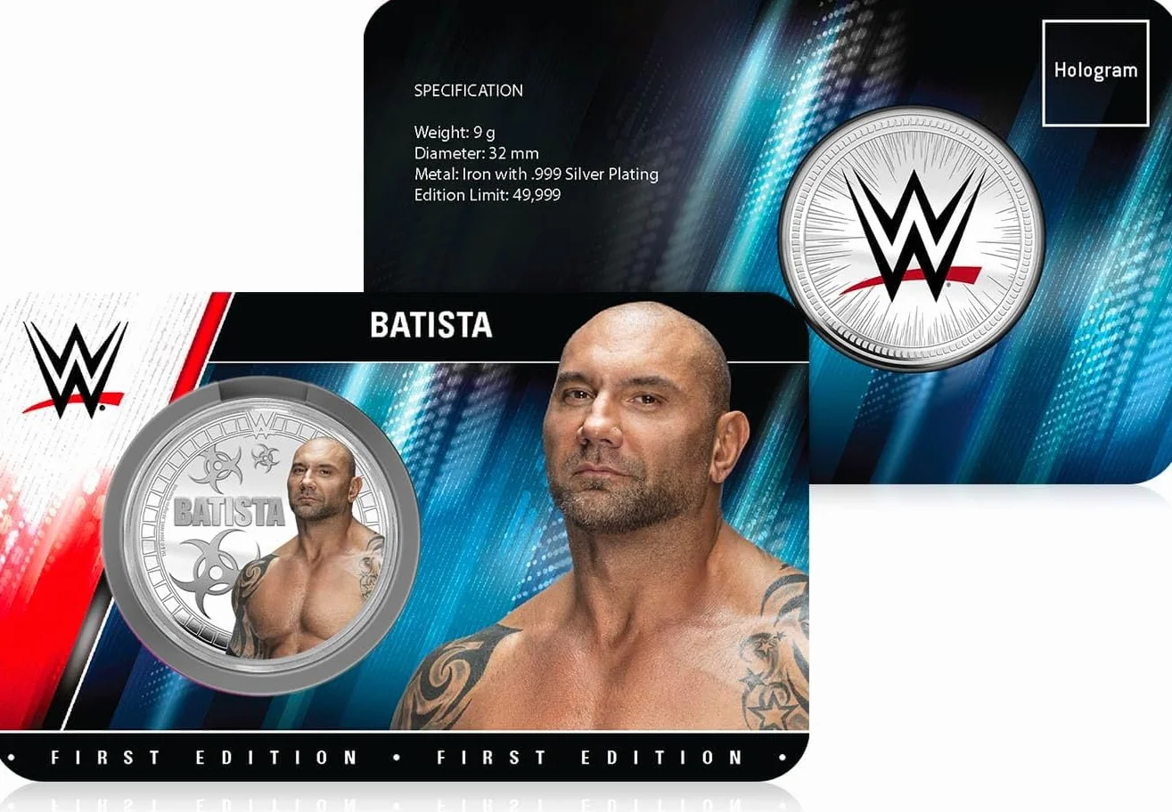 FANTASY CLUB Batista WWE 32 mm Oficjalna moneta kolekcjonerska – hołd dla zwierząt i wielokrotny mistrz świata – edycja limitowana dla fanów i kolekcjonerów