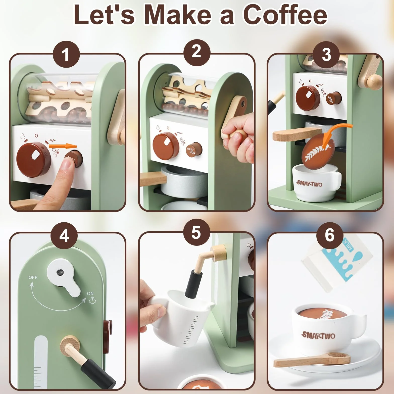 Drewniany ekspres do kawy dla dzieci, kuchnia dla dzieci, ekspres do kawy z młynkiem, akcesoria kuchenne do zabawy, ekspres do espresso, zestaw zabawek drewnianych, akcesoria kuchenne