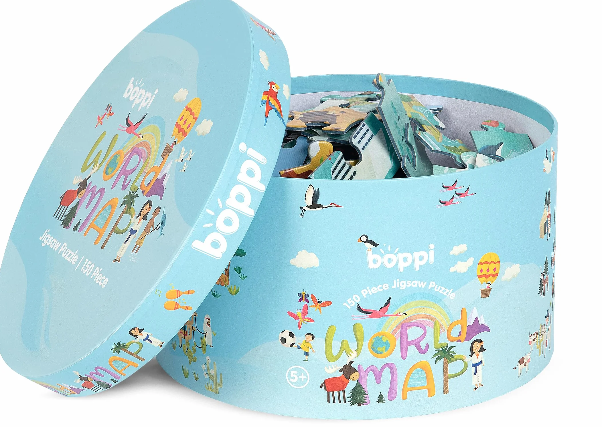 Mapa świata puzzle dla dzieci puzzle w wieku 5-8 lat - 150 sztuk zwierząt świata układanka ze 100% pochodzących z recyklingu - okrągłe wyrzynarki dla dzieci w wieku 5 lat od boppi