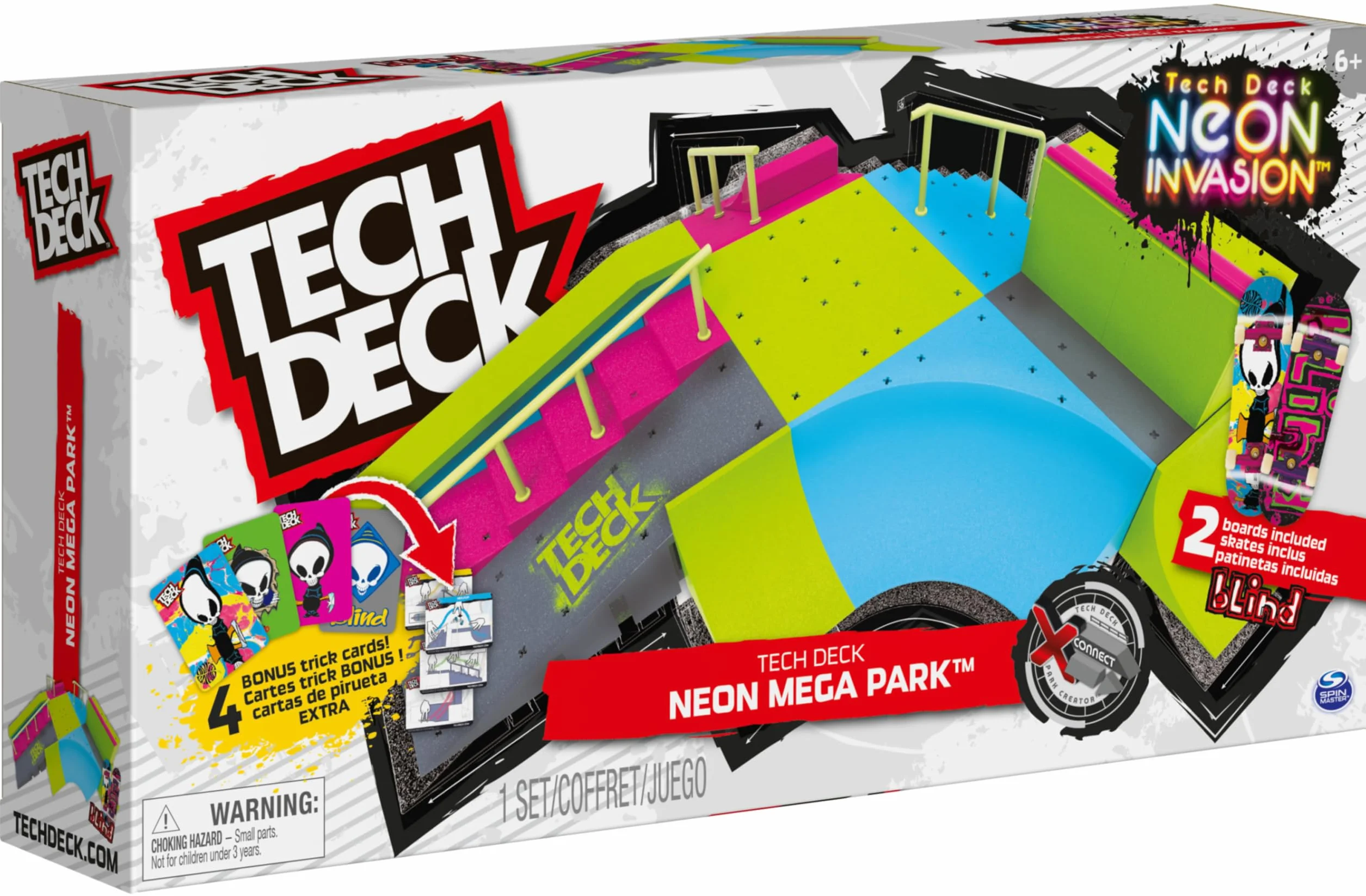 Tech Deck, Neon Mega Park X-Connect Creator, Glow-In-The-Dark zestaw ramp z dwoma palcami, zabawka dla dzieci w wieku 6 lat i więcej