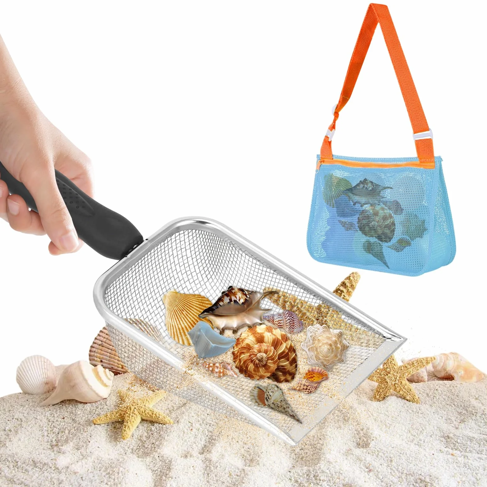 Zabawka plażowa dla dzieci, metalowa łopata plażowa dla dzieci, zbieranie muszli filtracyjnych, siatkowa torba plażowa dla dziewczynek i dziewczynek (niebieski pomarańczowy)