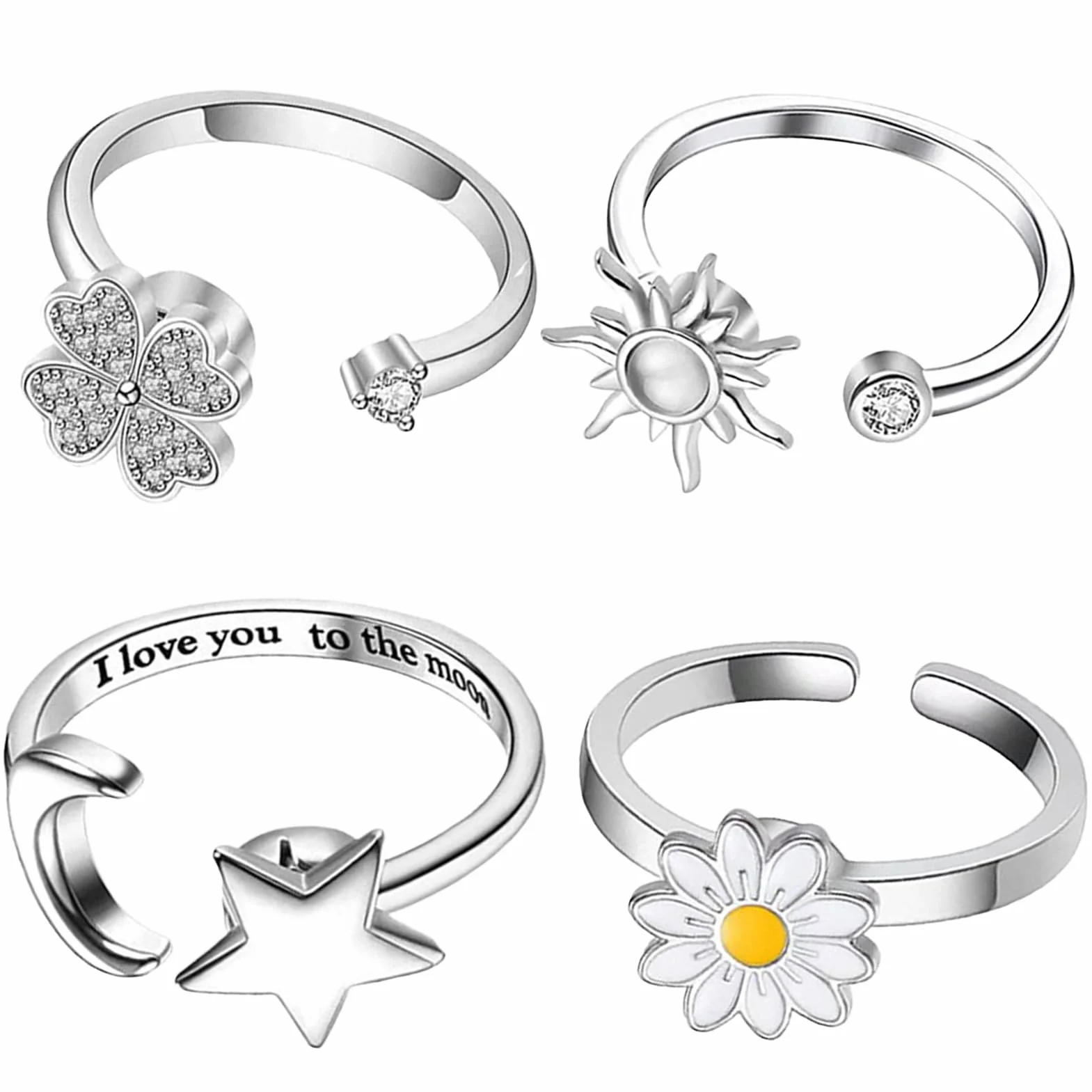 Fidget Rings, Spinner Jewelry, Fidget Rings do ?agodzenia stresu, 4-cz??ciowy zestaw z motywami ksi??yca, s?o?ca i kwiatów, ?atwe w u?yciu ?dzie do modowania, stylowe akcesoria dla dziewcz?t, nast