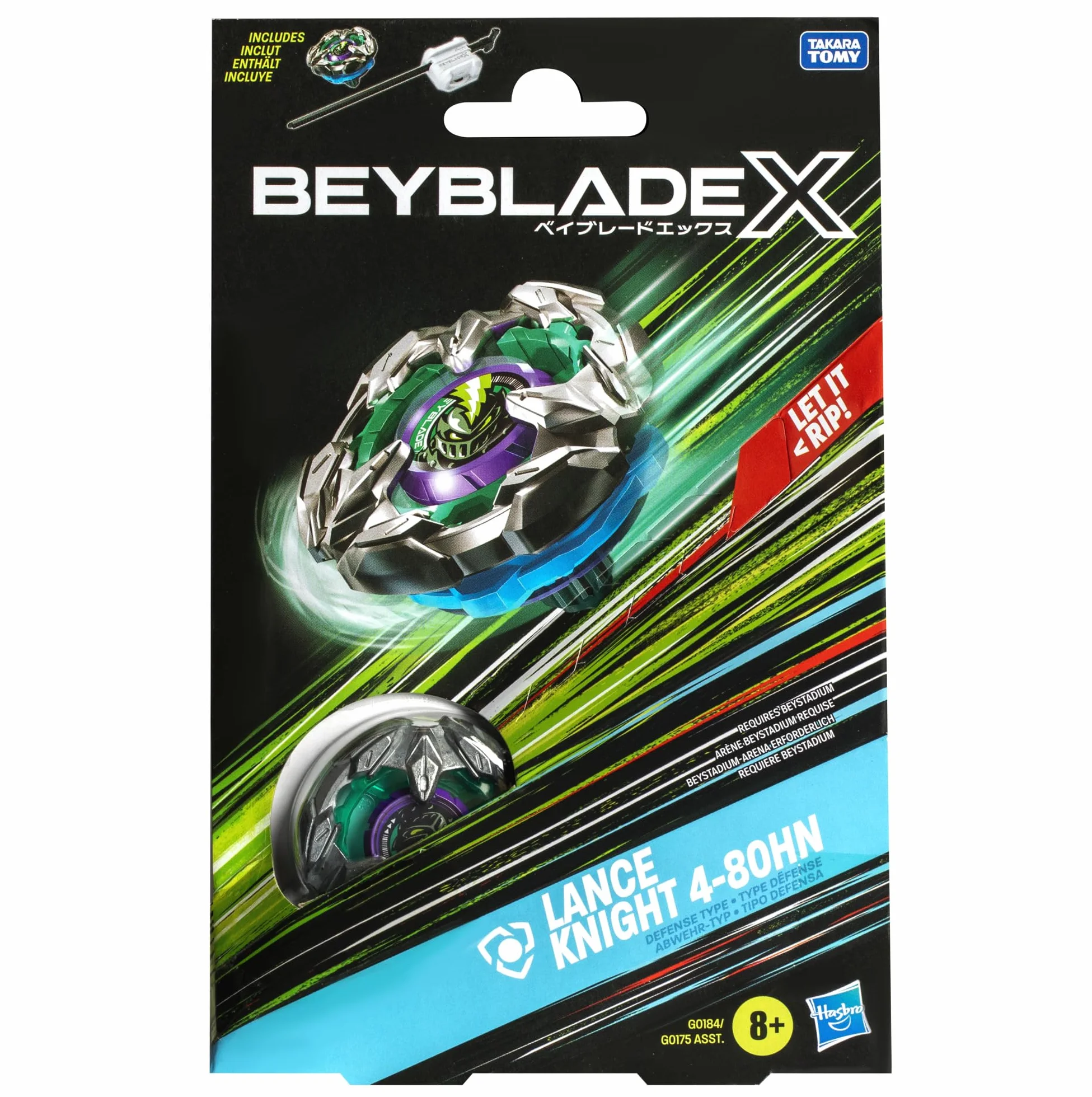 Beyblade X, zestaw startowy Lance Knight 4-80HN z topem i wyrzutnią