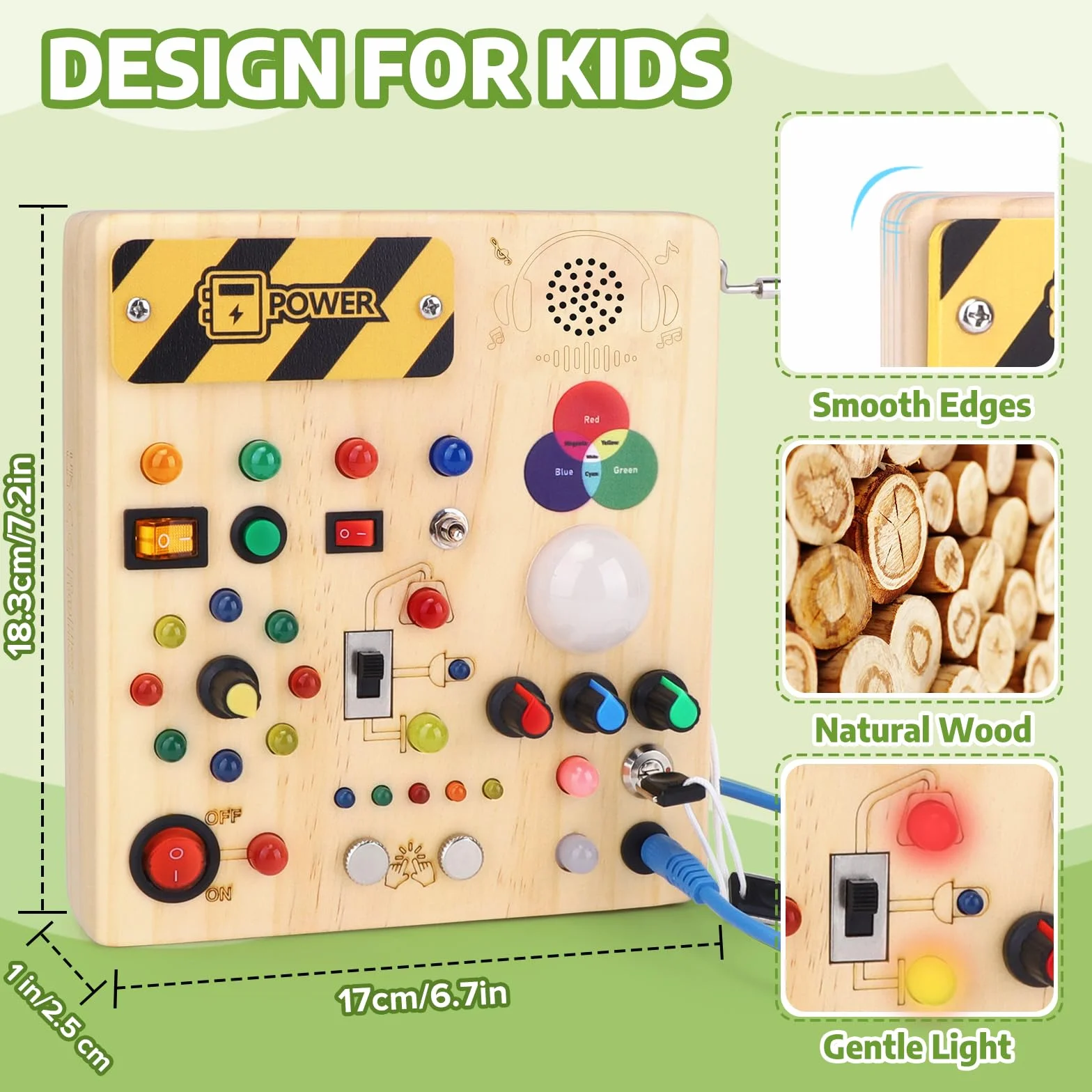Montessori Busy Board Dzieci w Wieku 1 Roku Drewniana Zabawka z 13 Przełączników i 24 Diody LED Zabawka Sensoryczna dla Dzieci w Wieku 1, 2, 3 Lat