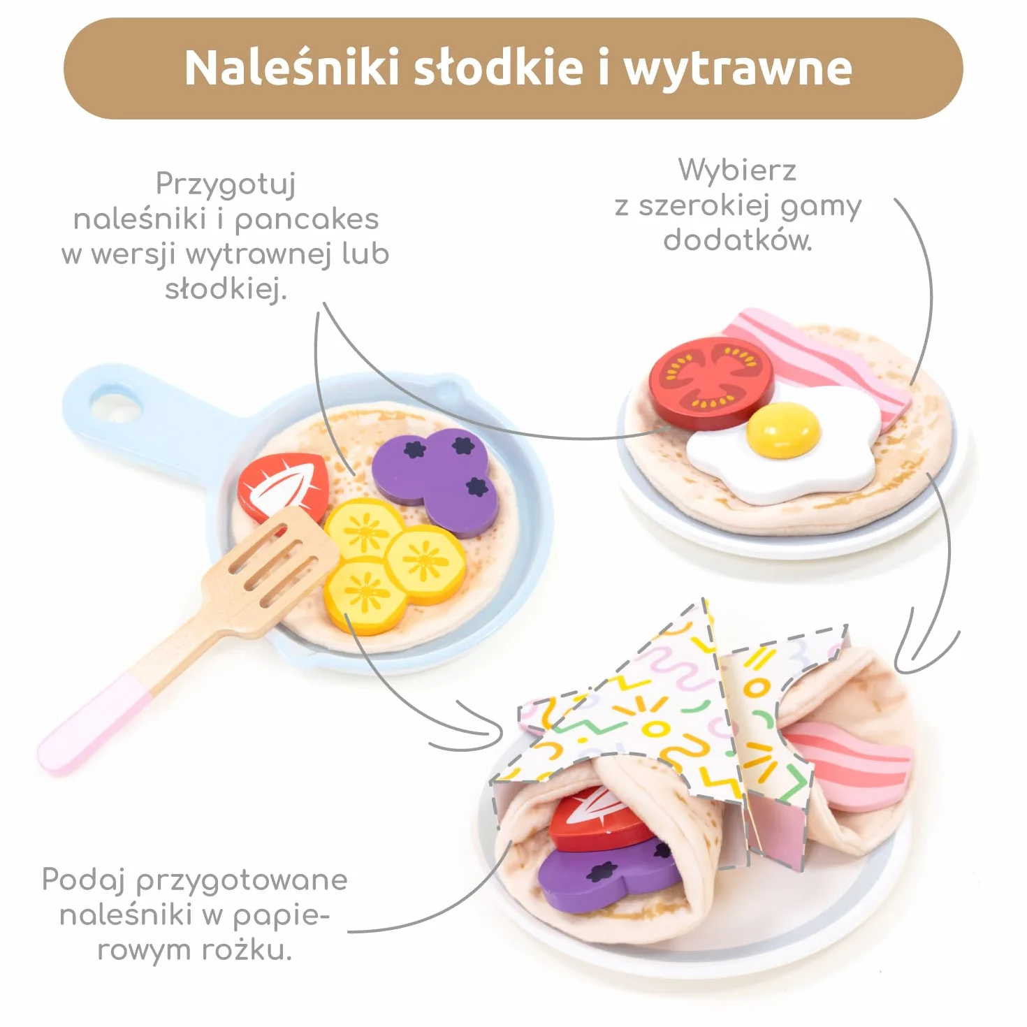 UMU® Naleśniki zestaw do zabawy z drewna – z patelnią, łopatką, syropem i innymi, zestaw do naleśników dla dzieci, 44-częściowy zestaw akcesoriów kuchennych dla małych kucharzy od 3, 4, 5 lat