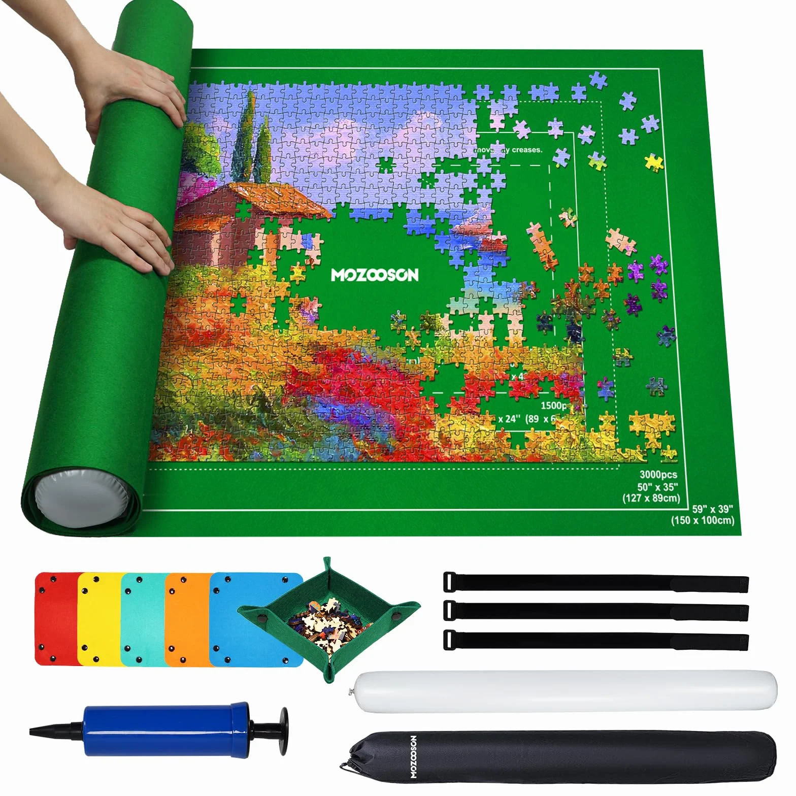 MOZOOSON Mata do puzzli, mata do puzzli, rolka 3000/2000/1500/1000 elementów, akcesoria do przechowywania i przenoszenia puzzli, rolka puzzli, dywan z 6 sortownikami