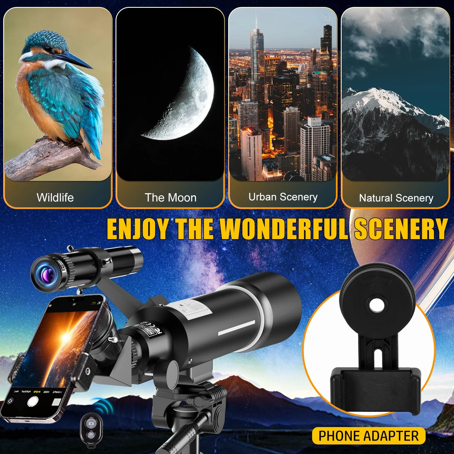 Teleskop Astronomiczny 500/70mm, 200x, ze statywem, adapter do telefonu, filtr księżycowy i 3 okulary, dla początkujących i dzieci