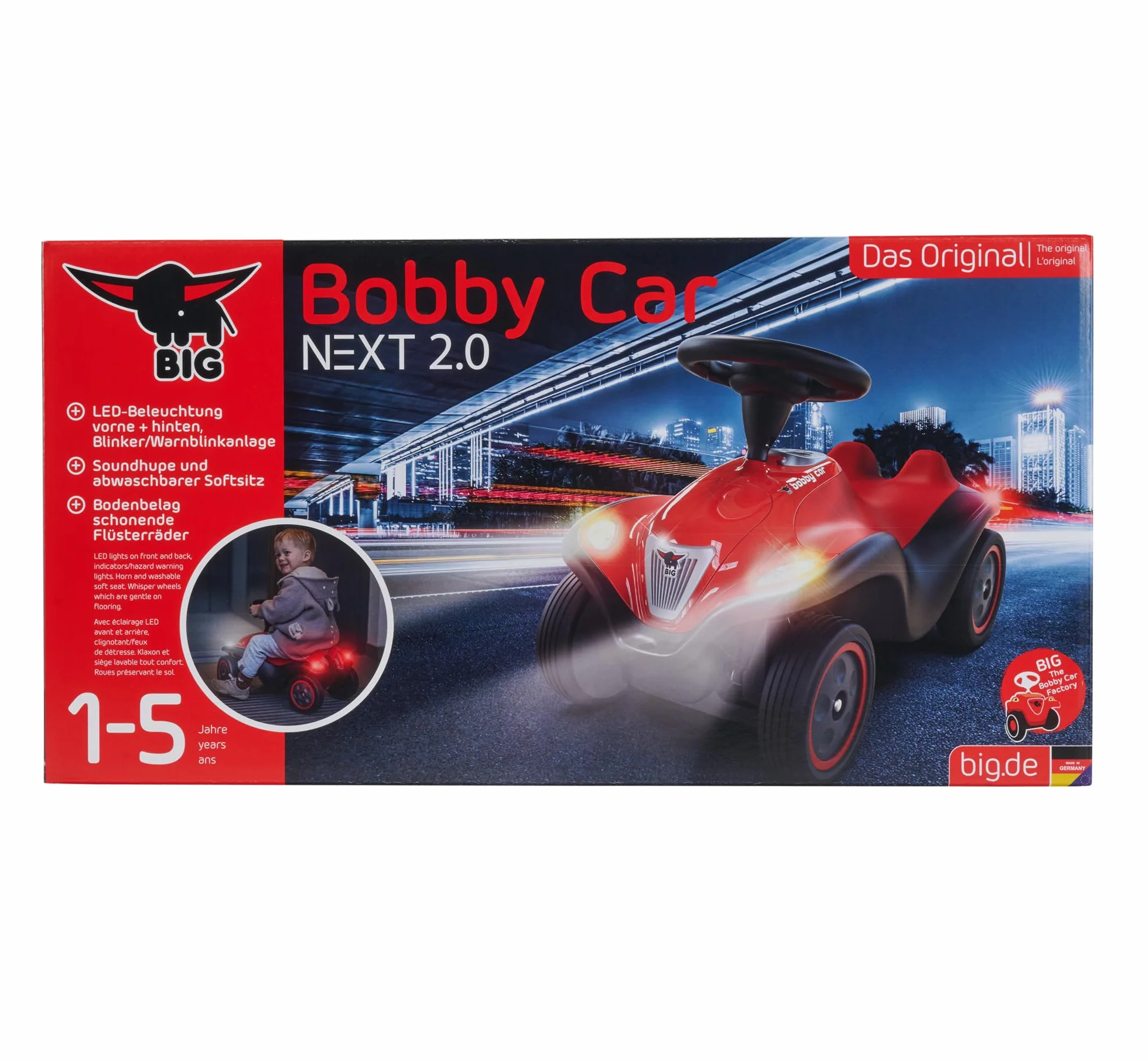 Big Bobby Car Next 2.0 samochód poślizgowy od 1 roku życia z oświetleniem LED, miejscem do przechowywania, kierownicą dźwiękową, szeptami i nowymi funkcjami, pojazd dla dzieci w wieku od 1 do 5 lat