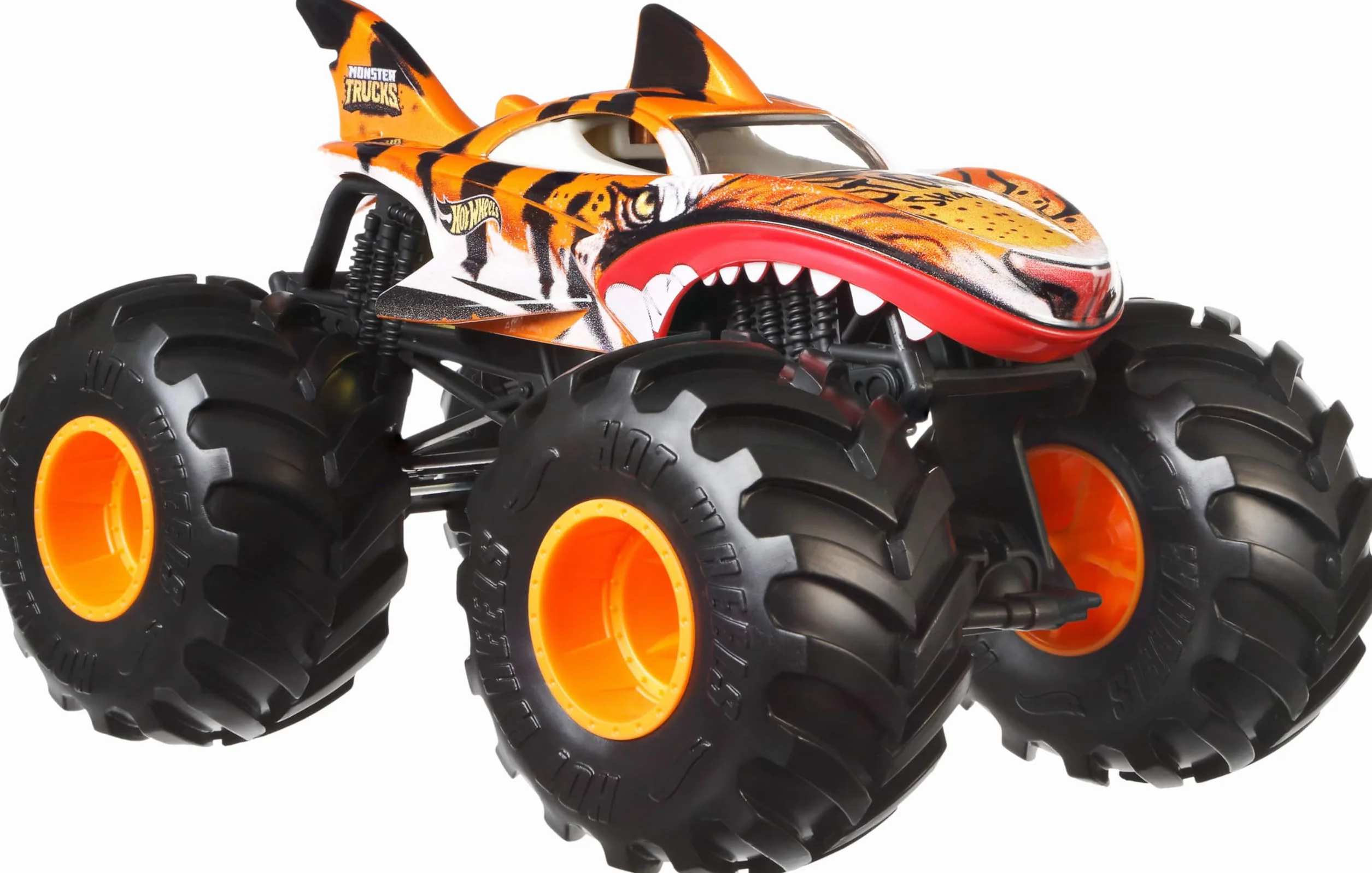 Hot Wheels Monster Trucks Tiger Shark Duży metalowy pojazd zabawka w skali 1:24 z wielkimi kołami i wyjątkowymi wzorami, samochód dla dzieci, JDR02