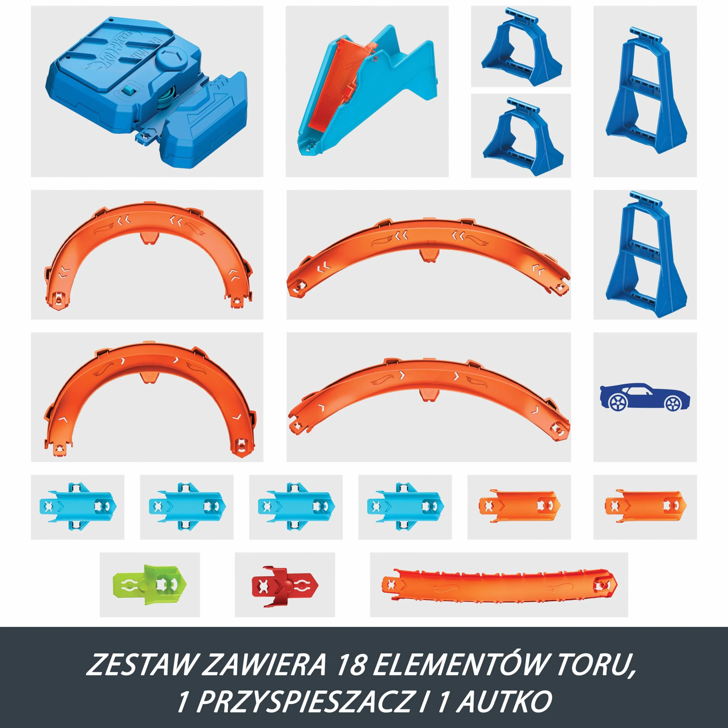 Hot Wheels Track Creator Tor wyścigowy Super skok Zestaw deluxe z przyspieszaczem z napędem + samochód 1:64, JDB49