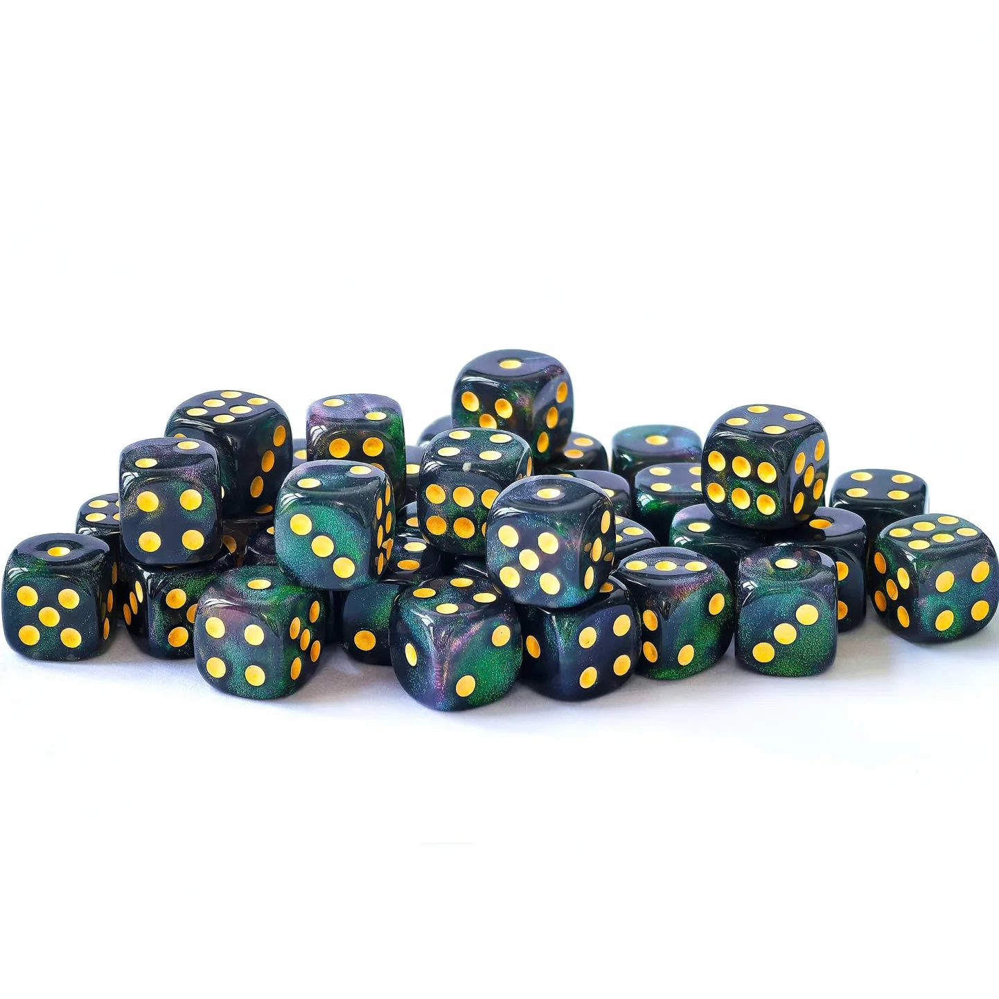 Bescon Moonstone Zestaw 36 kości z 6 licami, kamień księżycowy, 91,4 cm, kości D6 z zielonymi cekinami, 36 szt., sześciokrotne matryce 12 mm, 36 szt