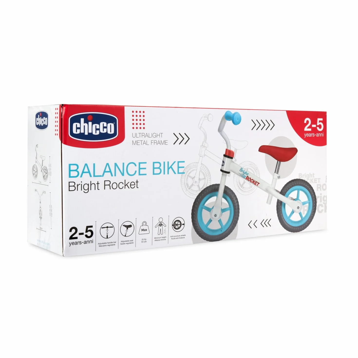 Chicco Rowerek biegowy Bright Rocket, rower dziecięcy bez pedałów, lekki, regulowany, 25 kg, biały, 2-5 lat