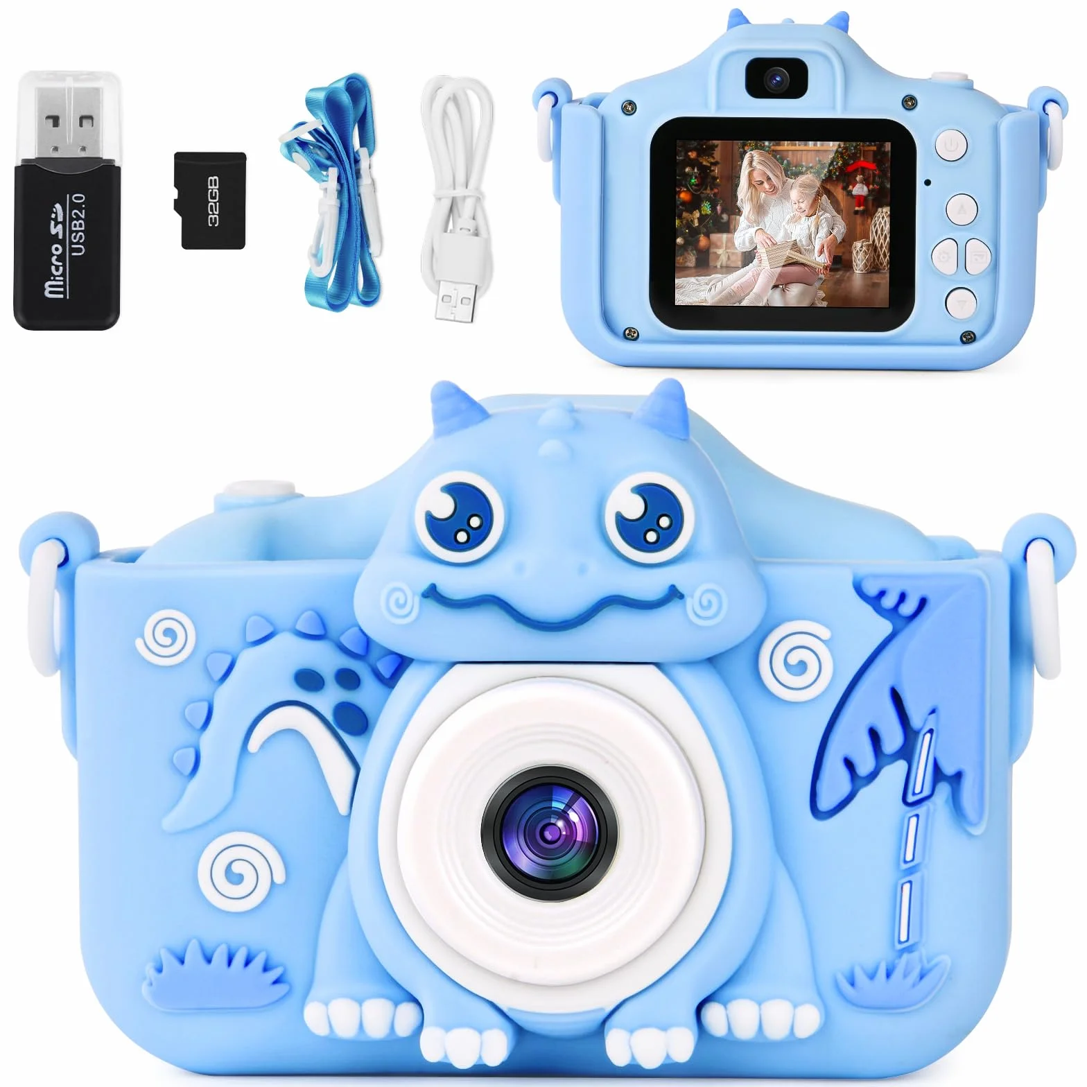 OSDUE Aparat dla dzieci,2.0-calowy wyświetlacz Aparat cyfrowy dla dzieci,1080P HD Wbudowana karta SD 32 GB Selfie Cyfrowy aparat fotograficzny,prezent urodzinowy na lata Zabawka dla dzieci (niebieska)