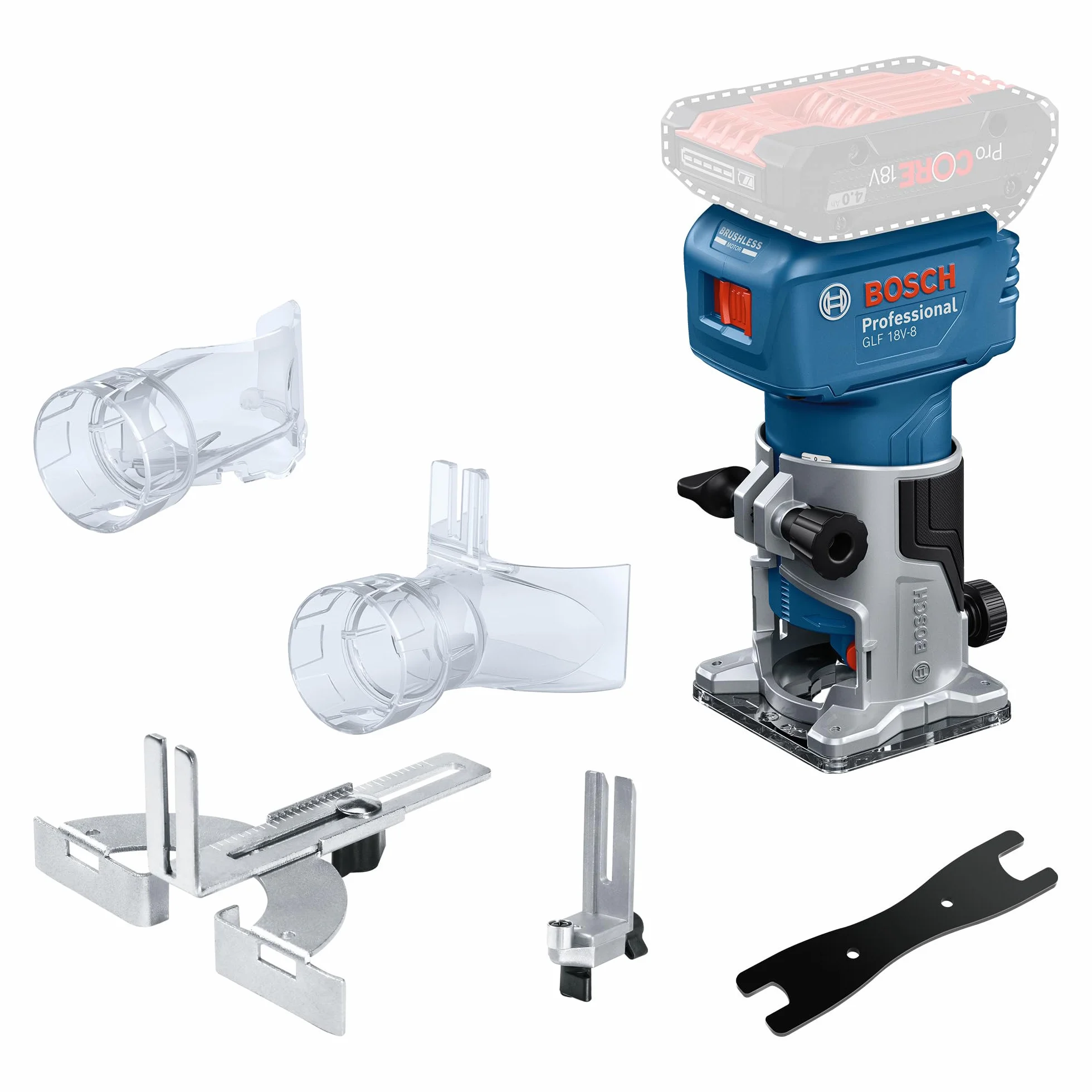 System prof. 18 V firmy Bosch: frezarka akum. GLF 18V-8 (prow. równ., adapter do ods. pyłu – frez. pow., adapter do ods. pyłu – frez. krawędzi, prow. rolk., tuleja zac. 8 mm, klucz, bez akum./ład.)