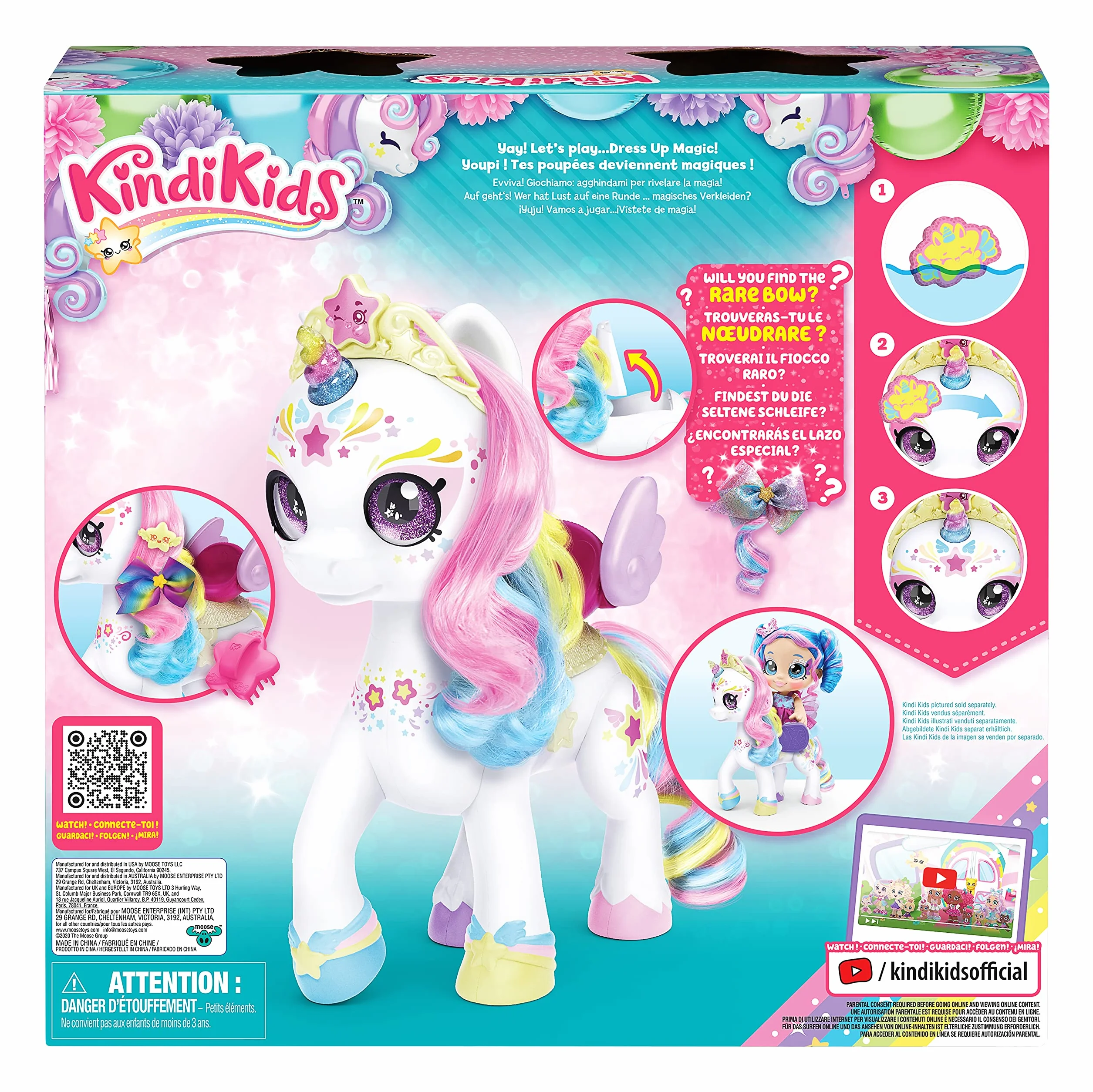 Kindi Kids Secret Saddle Makeup Dress. 1 magiczna gąbka. Akcesoria do szczotkowania i stylizacji grzywy jednorożca można znaleźć w jego siodle, 50247, Wielokolorowy, M