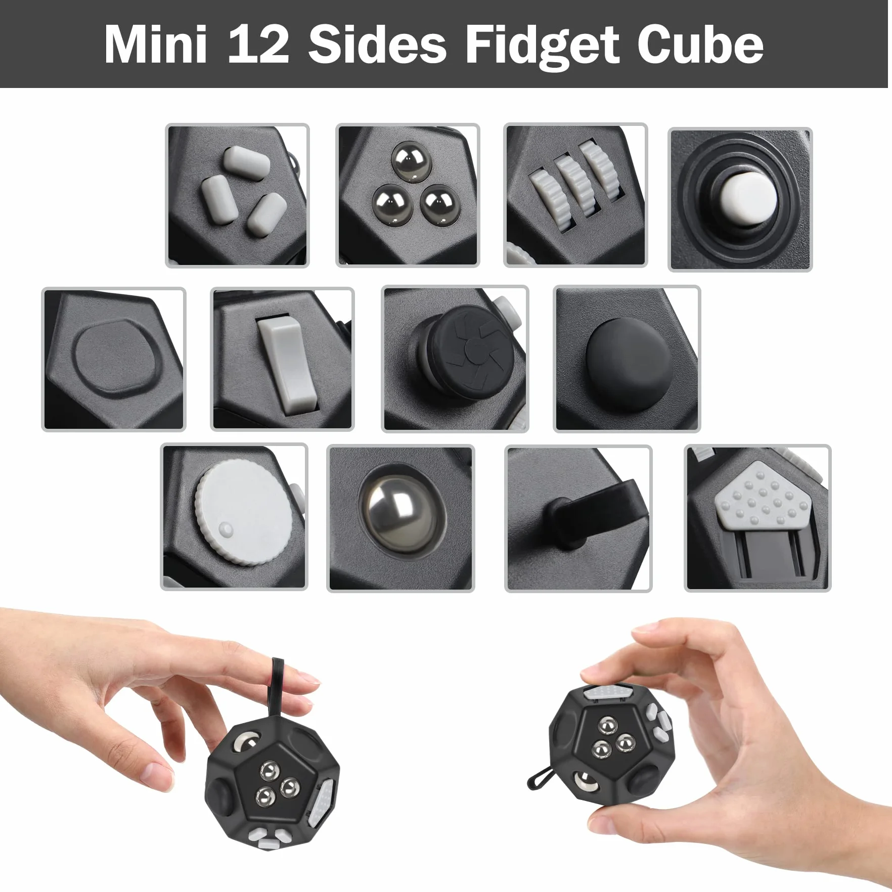 VCOSTORE Mini Fidget Stresswürfel Cube 12 stron, ulga w lęku, przenośna zabawka antystresowa dla dzieci i dorosłych z ADHD, ADD, OCD, autyzmem, czarna
